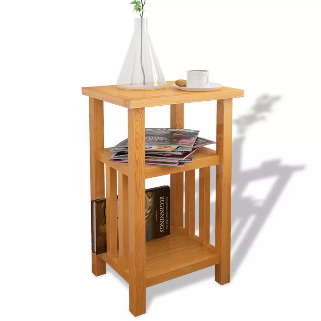 Rustic 3-Tier Solid Oak Wood End Table - Nightstand, Snack Tray & Plant Stand with Magazine Shelf for Living Room, Bedroom - 10.6