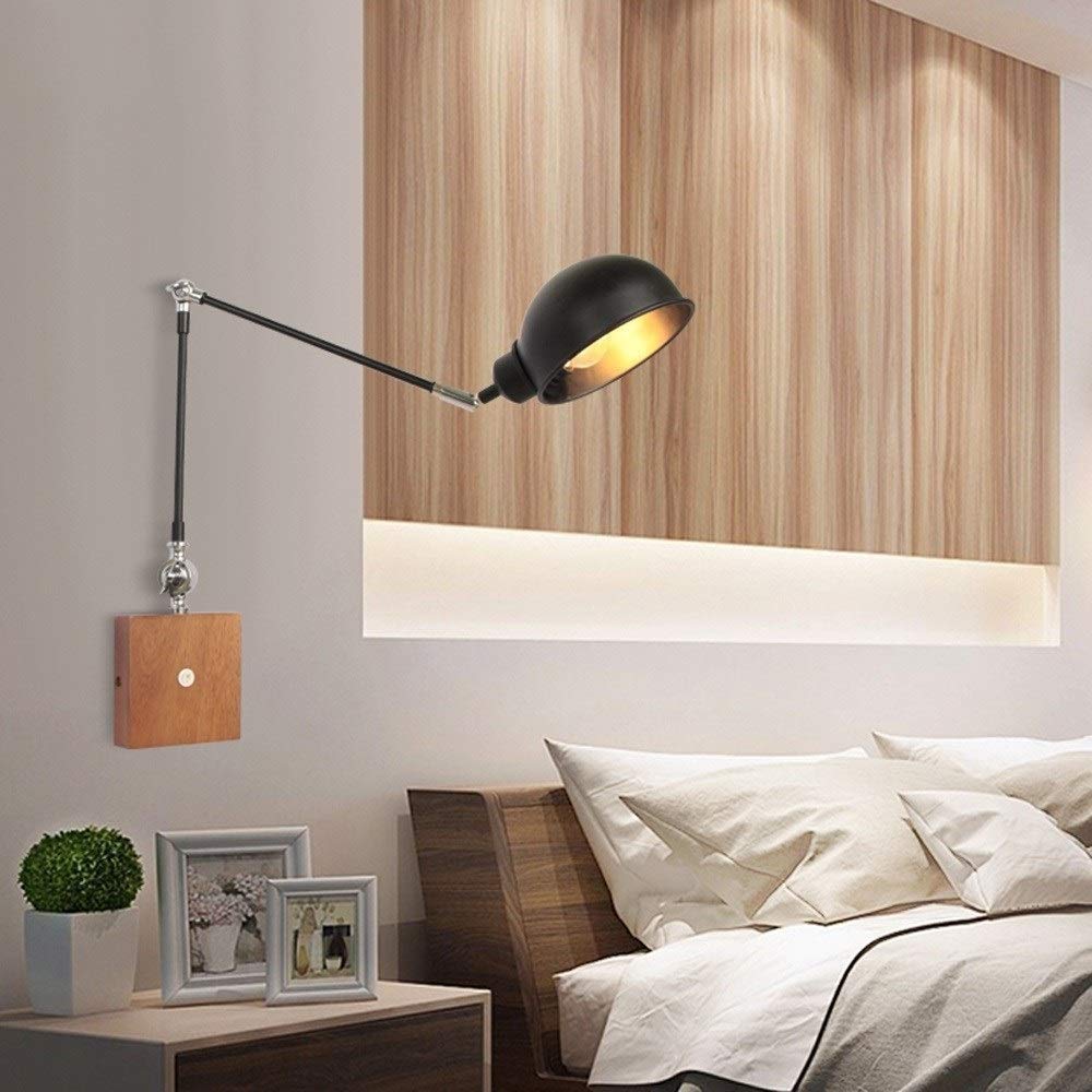 Modern Swing Arm Wall Sconce - Adjustable Reading Light with Wooden Base & Switch, Nordic Style Bedside Lamp for Bedroom, Living Room, Restaurant and Cafe Decor - Perfect for Reading, Working and Ambient Lighting