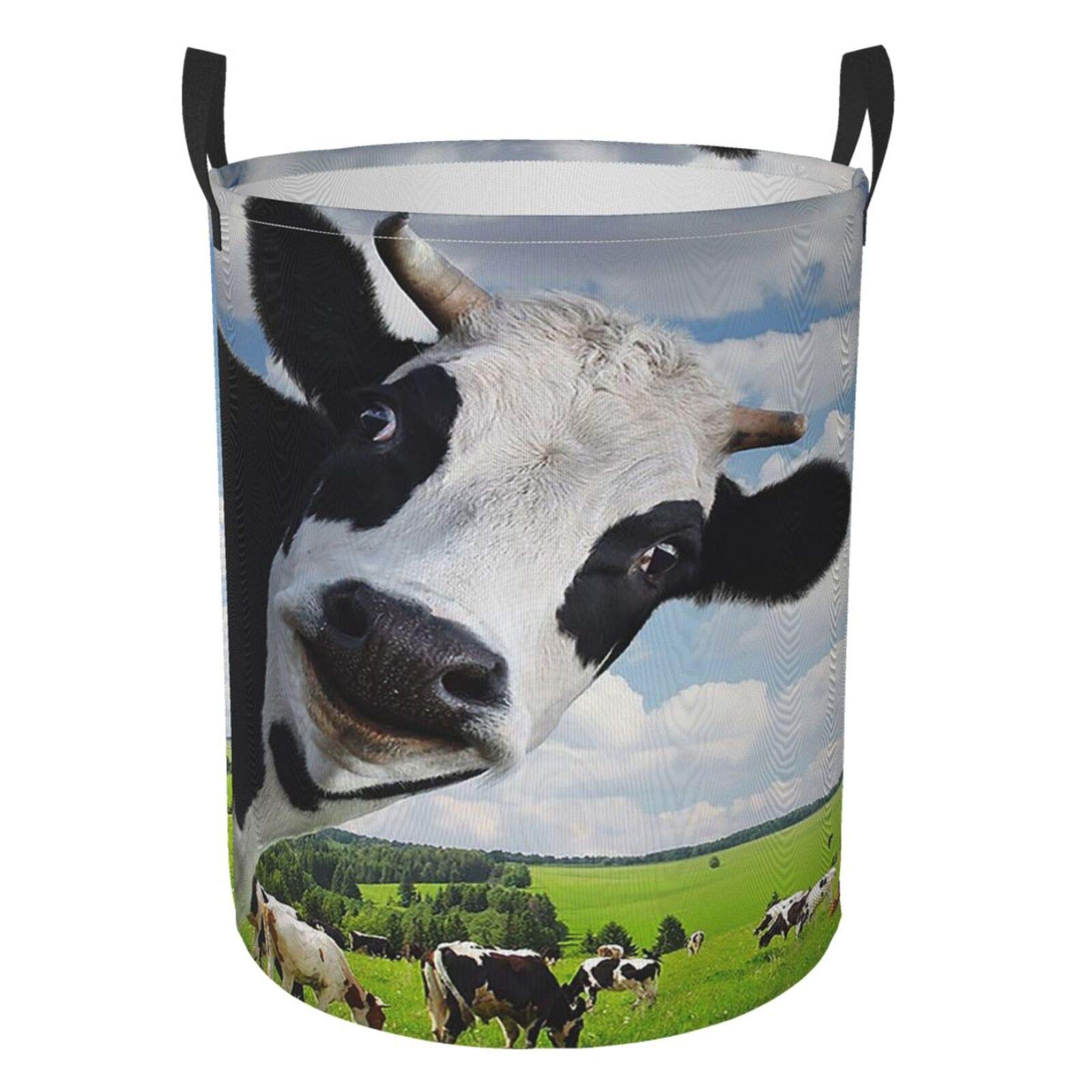 Funny Farm Cow Collapsible Laundry Basket with Handle - Waterproof Fabric Hamper for Dirty Clothes, Toys & Bathroom Storage - Large Foldable Laundry Organizer Bin for Home, Dorm & Nursery (Cow Design)