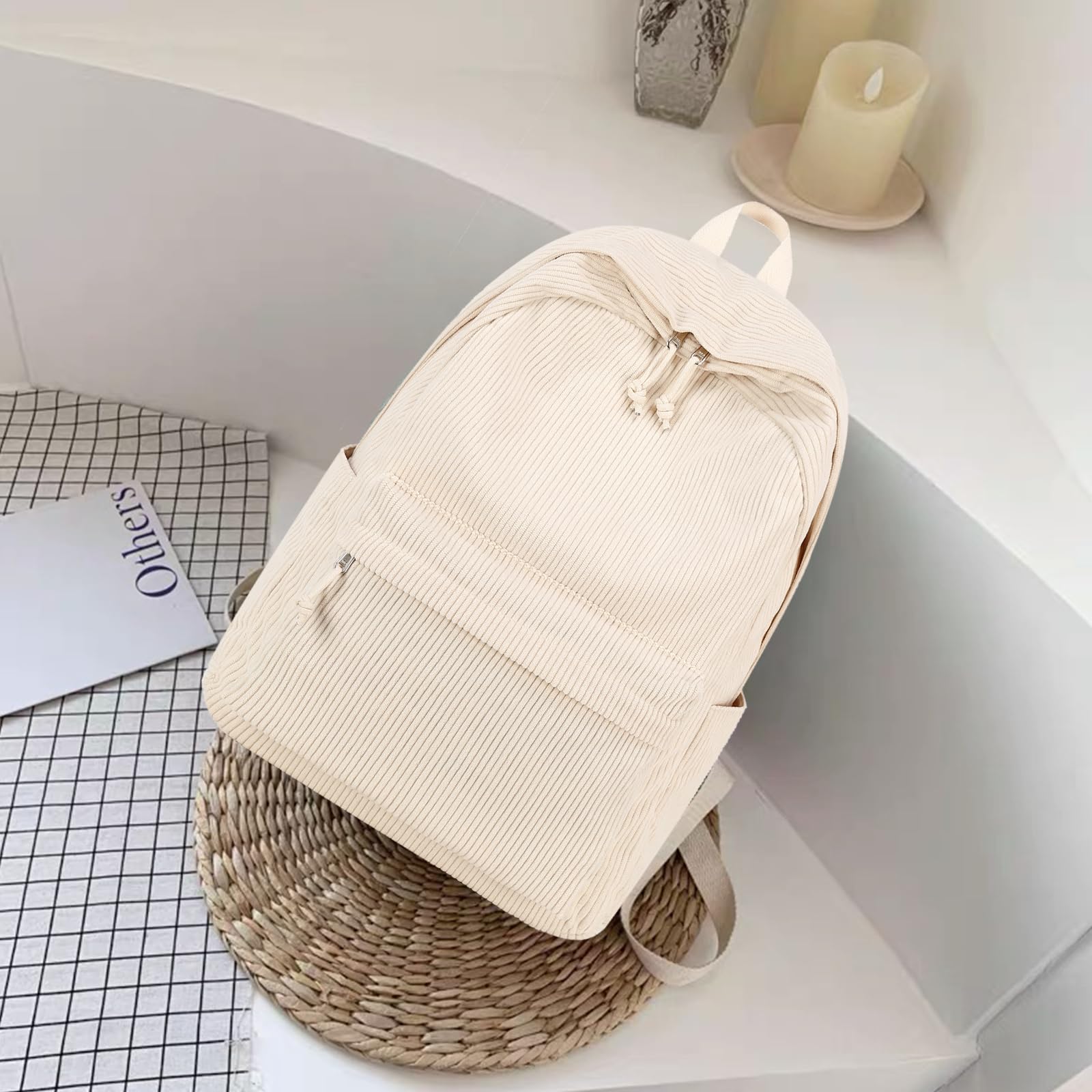 Teen Girls School Backpack - Corduroy Laptop Bag for High School & Travel (Beige) | Stylish & Durable Daypack