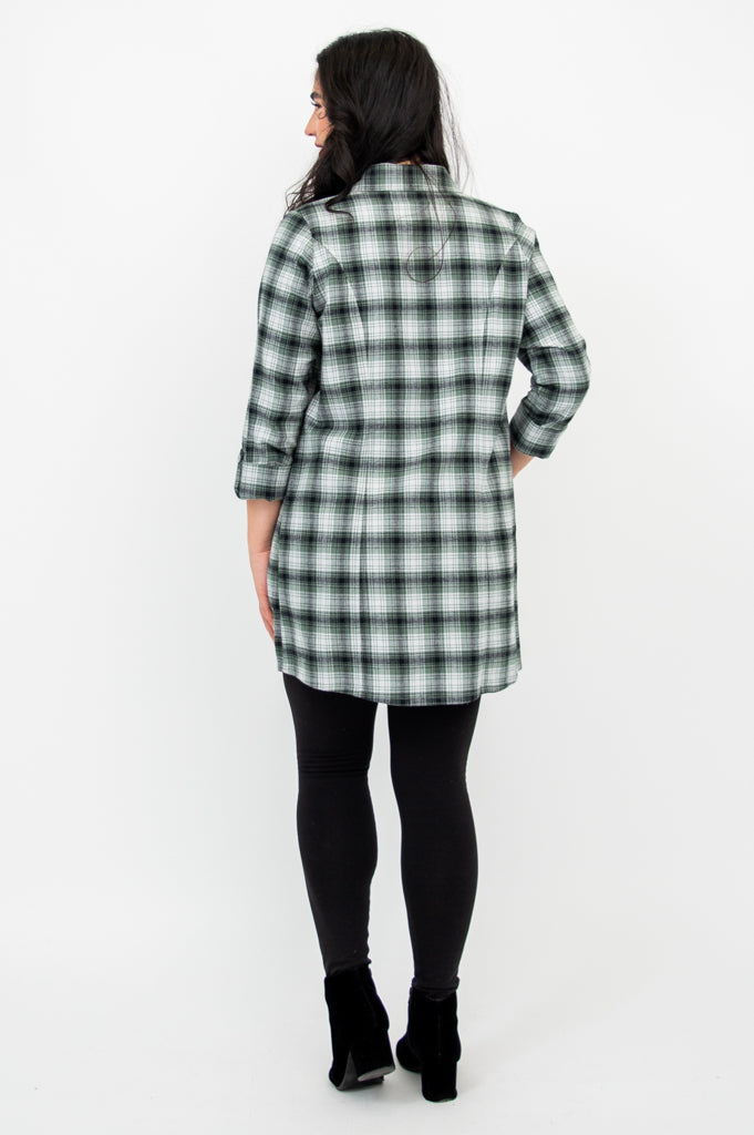Larissa Women's Cotton Tunic Top - Mint Plaid Print - Casual Loose Fit Blouse for Work, Travel & Everyday Wear