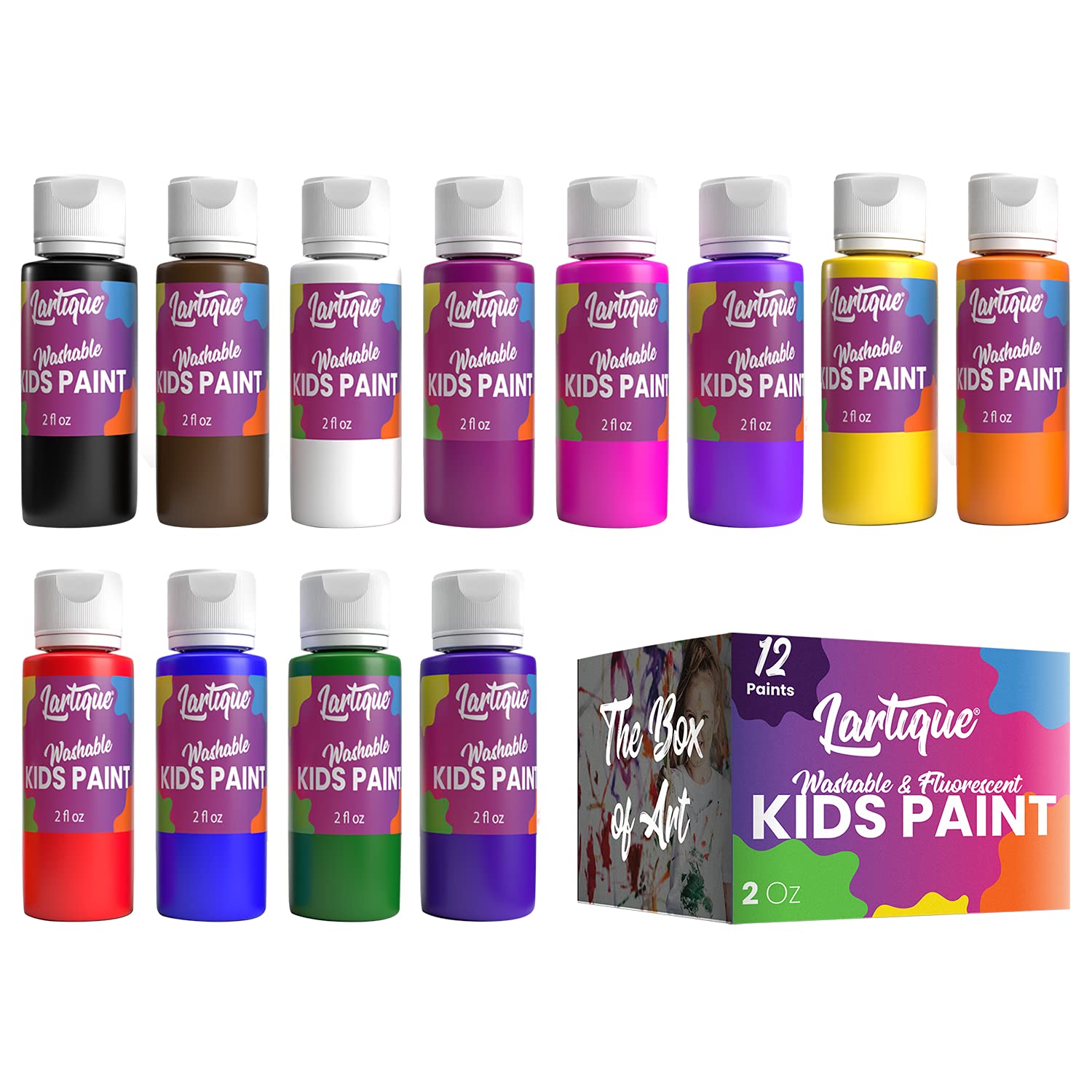 Lartique Washable Kids Paint Set - 12 Vibrant Colors Including Regular & Fluorescent Tempera Paint | Non-Toxic, Safe for Children | 2-Ounce Bottles Made in USA | Perfect for Finger Painting, Classroom Art Projects & DIY Crafts