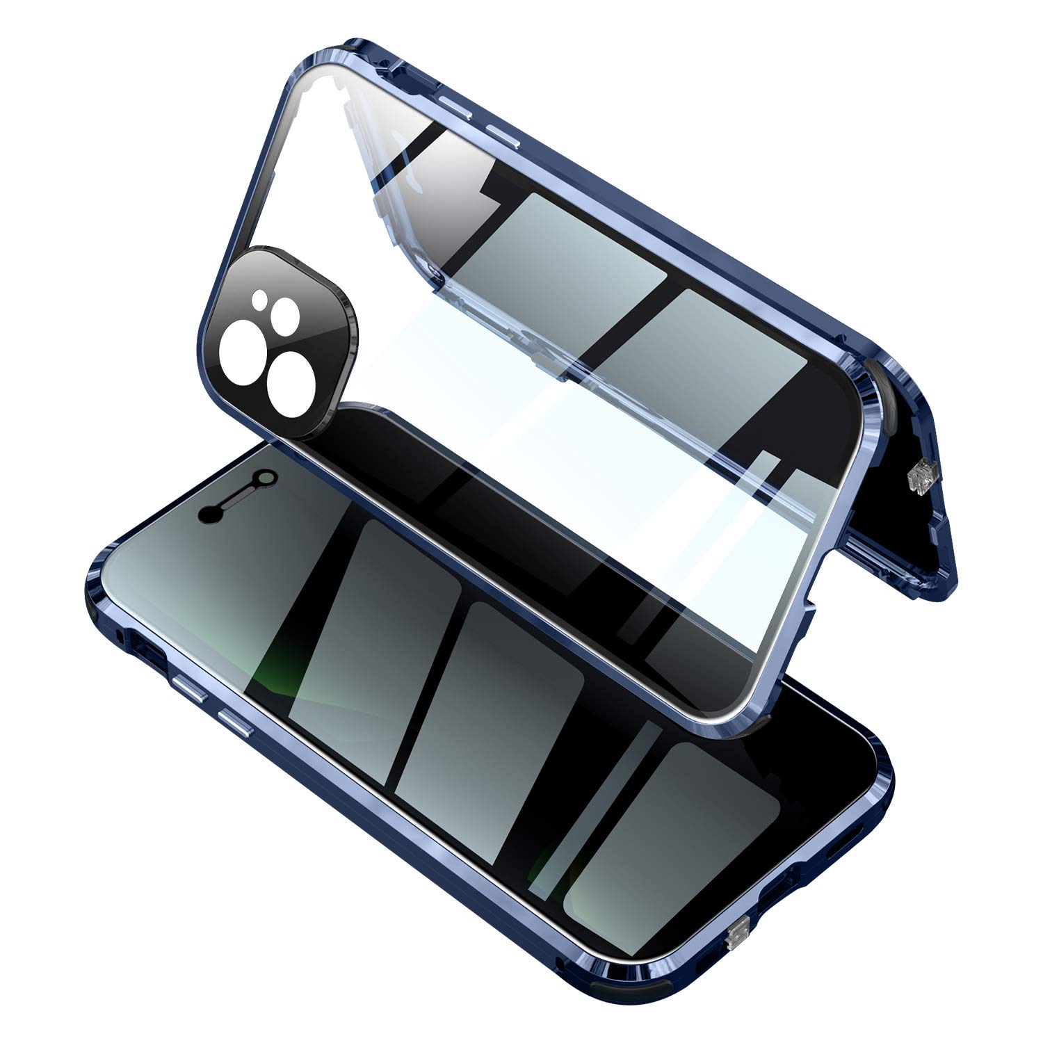 Lockable Anti-Peeping iPhone 12 Case with Privacy Screen Protector & Magnetic Bumper - Blue | Secure Your Data with Safety Lock & Luminous Airbag Design | Perfect for Travel, Office & Privacy Protection