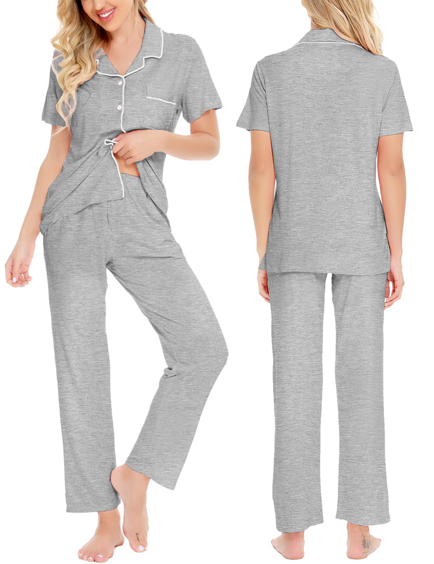 SWOMOG Women's Pajama Sets - Soft 2-Piece Sleepwear with Short Sleeve Top & Long Pants, Button Down Nightwear for Lounge & Sleep - Perfect for Relaxing at Home, Sleepovers & Cozy Nights