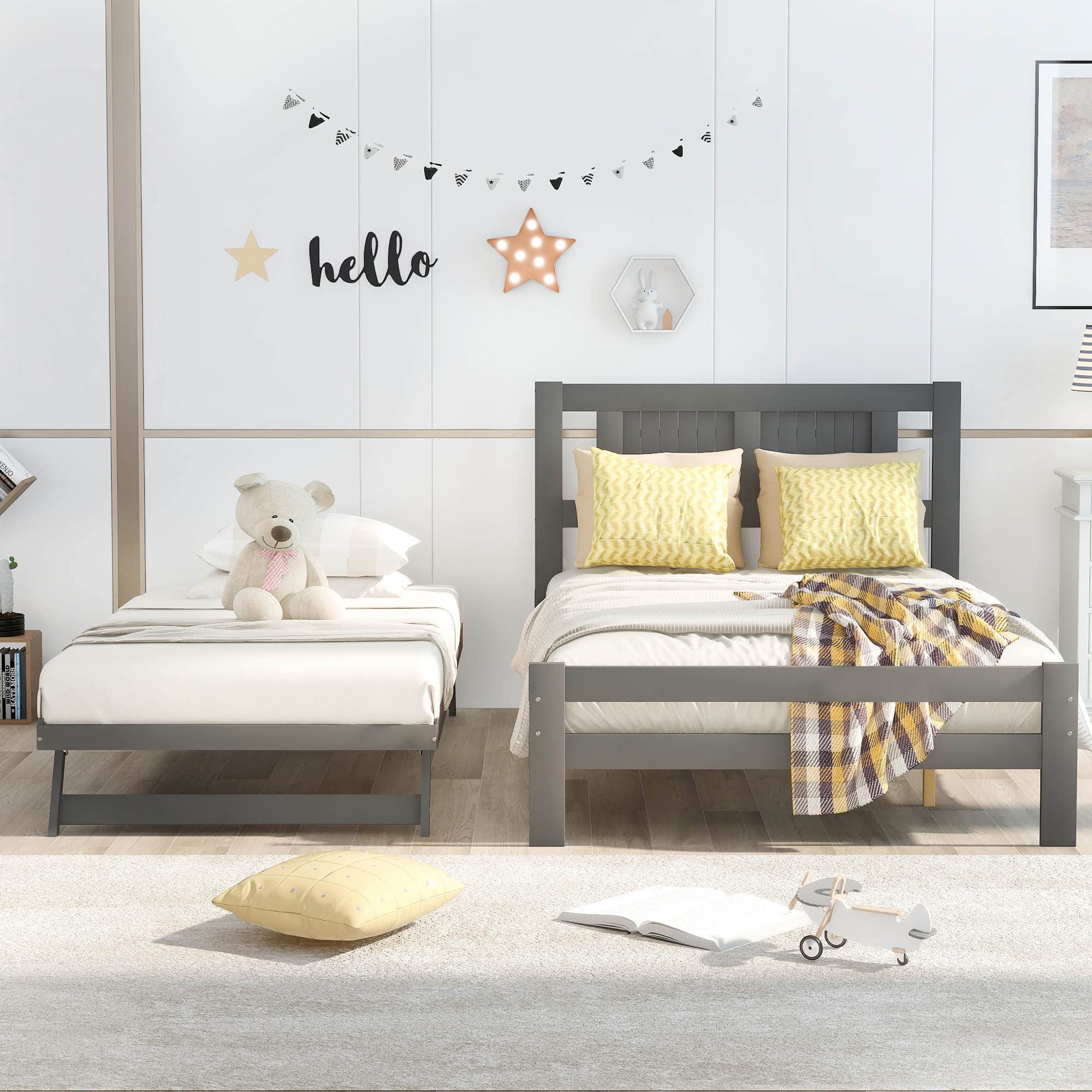 Full Size Wooden Platform Bed Frame with Adjustable Trundle & Headboard - Easy Assembly Mattress Foundation in Gray - Perfect for Guest Rooms, Kids' Rooms & Small Spaces