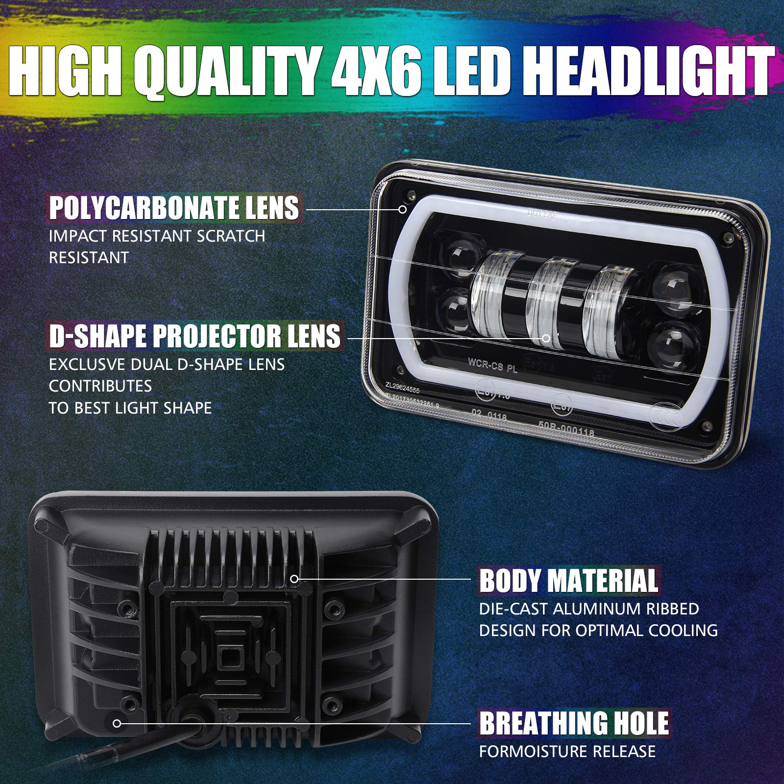 OPP ULITE 4x6 LED Headlights with RGB Color-Changing DRL, Amber Turn Signal - APP & Remote Control - Compatible with H4651/H4656/H4666 Rectangular Headlights (2-Pack) - Perfect for Jeep Wrangler, Ford F-150 & Off-Road Adventures