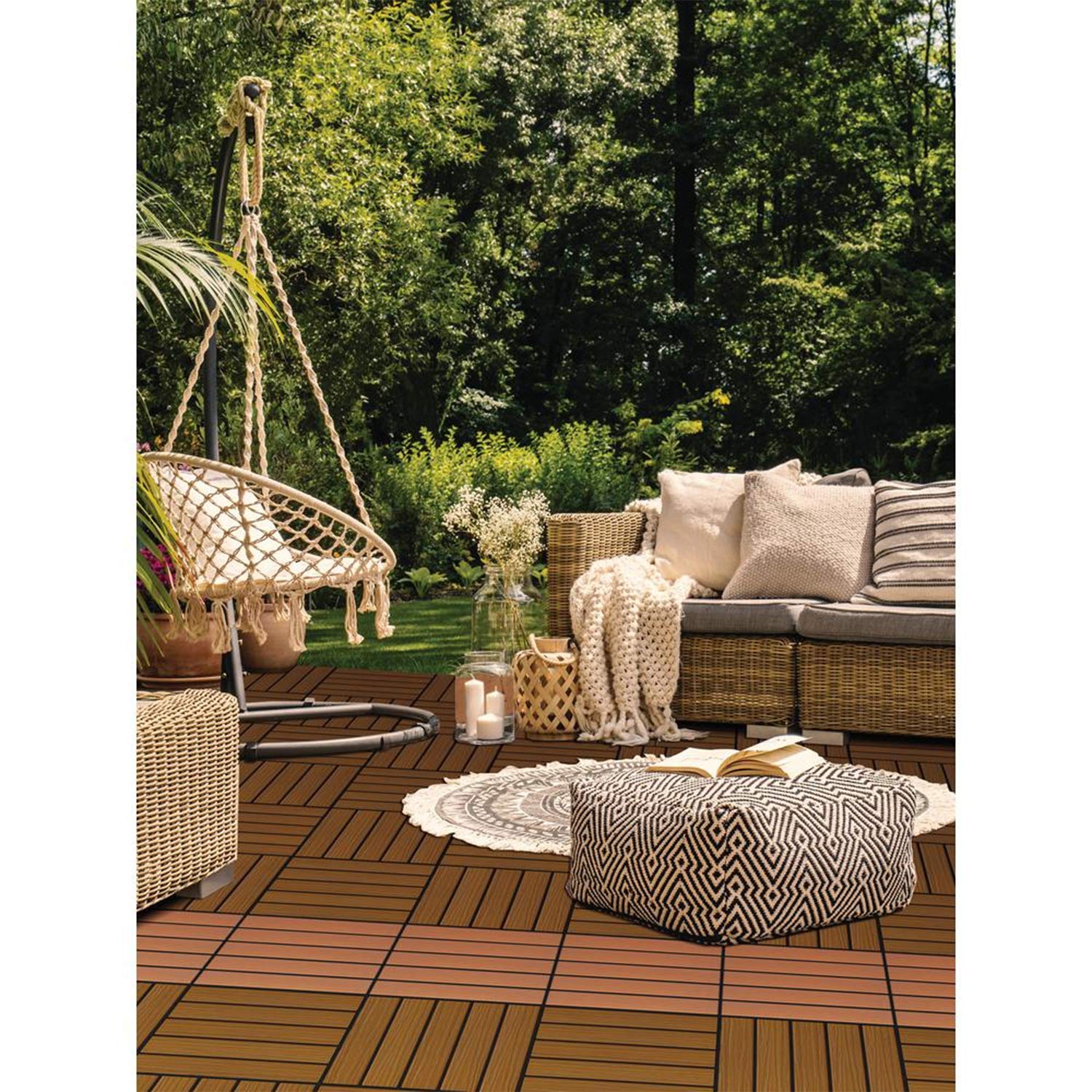 Premium Interlocking Snap-On Faux Wood Polymer Outdoor Deck Tiles - 1x1 Foot, Walnut Brown (6 Pack) - Perfect for Patio, Poolside, Balcony & Garden Flooring