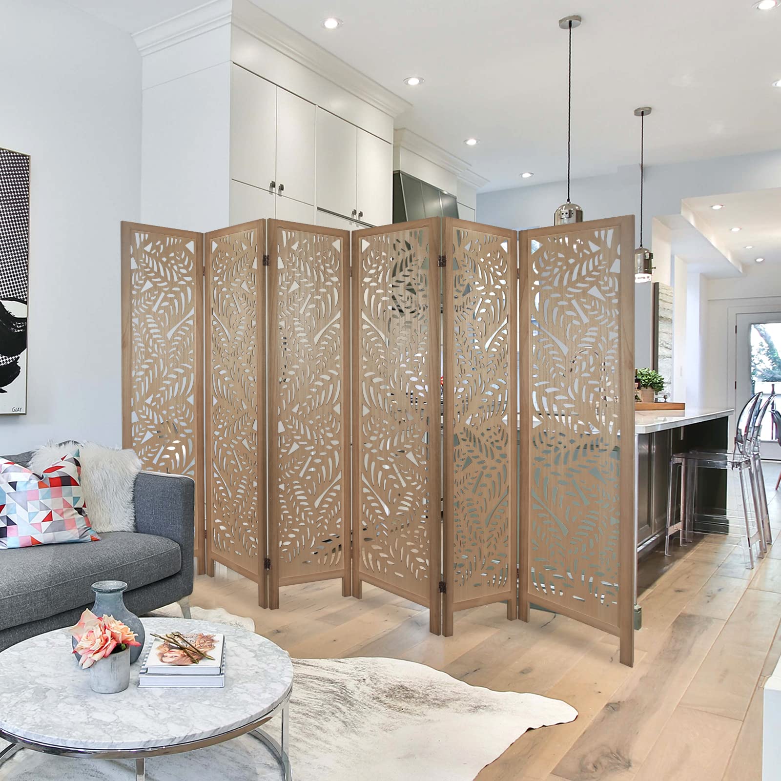 6 Panel Wooden Room Divider with Leaf Pattern - Hand Carved Folding Privacy Screen, Freestanding Partition for Home Decor, Bedroom, Office & Studio - Natural Home Decoration & Space Separator