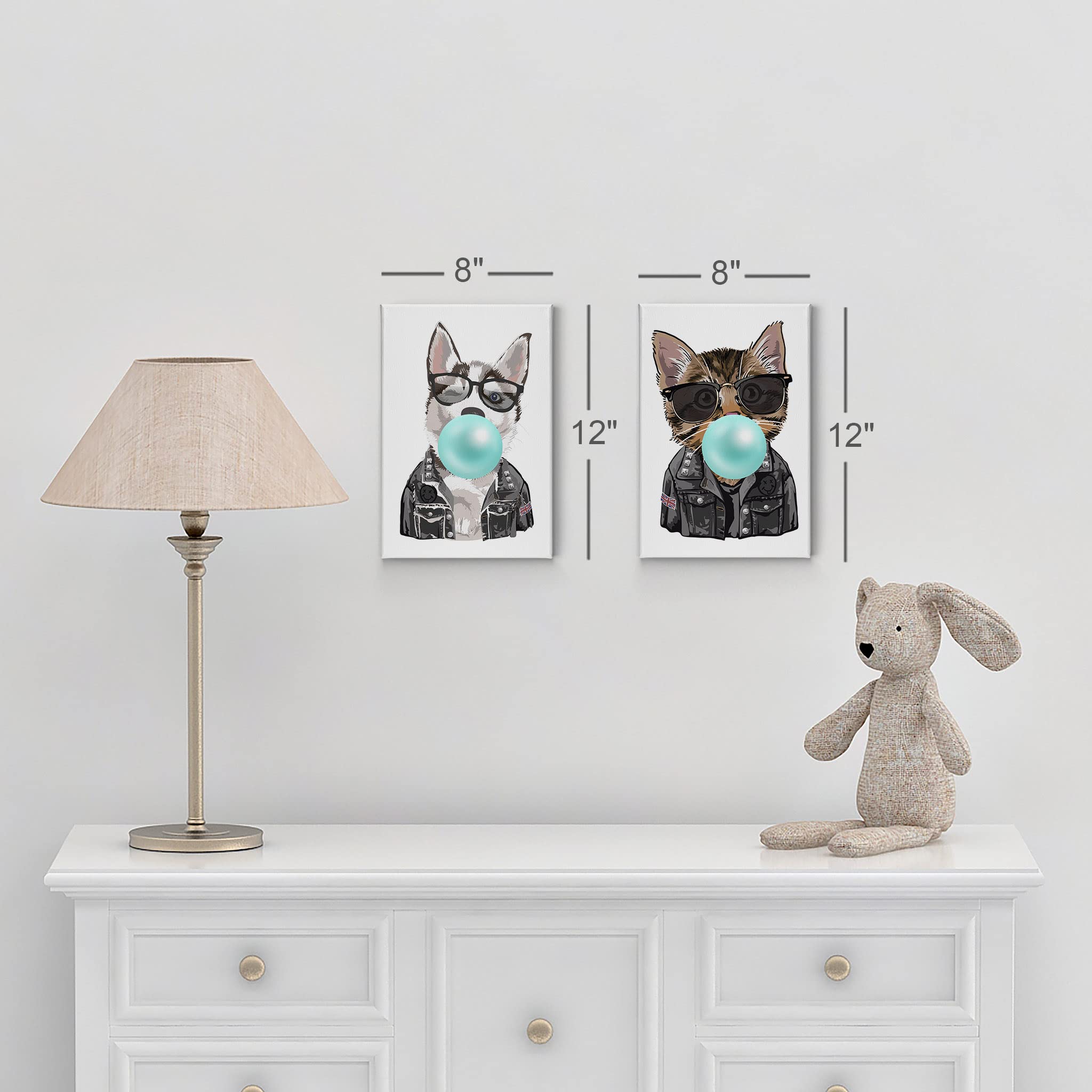 Husky Dog and Cat Chewing Bubble Gum Canvas Wall Art Set - 2 Piece Animal Pop Art Prints for Living Room, Bedroom, Nursery Decor (22x15 Inches) - Perfect for Pet Lovers and Modern Home Decor