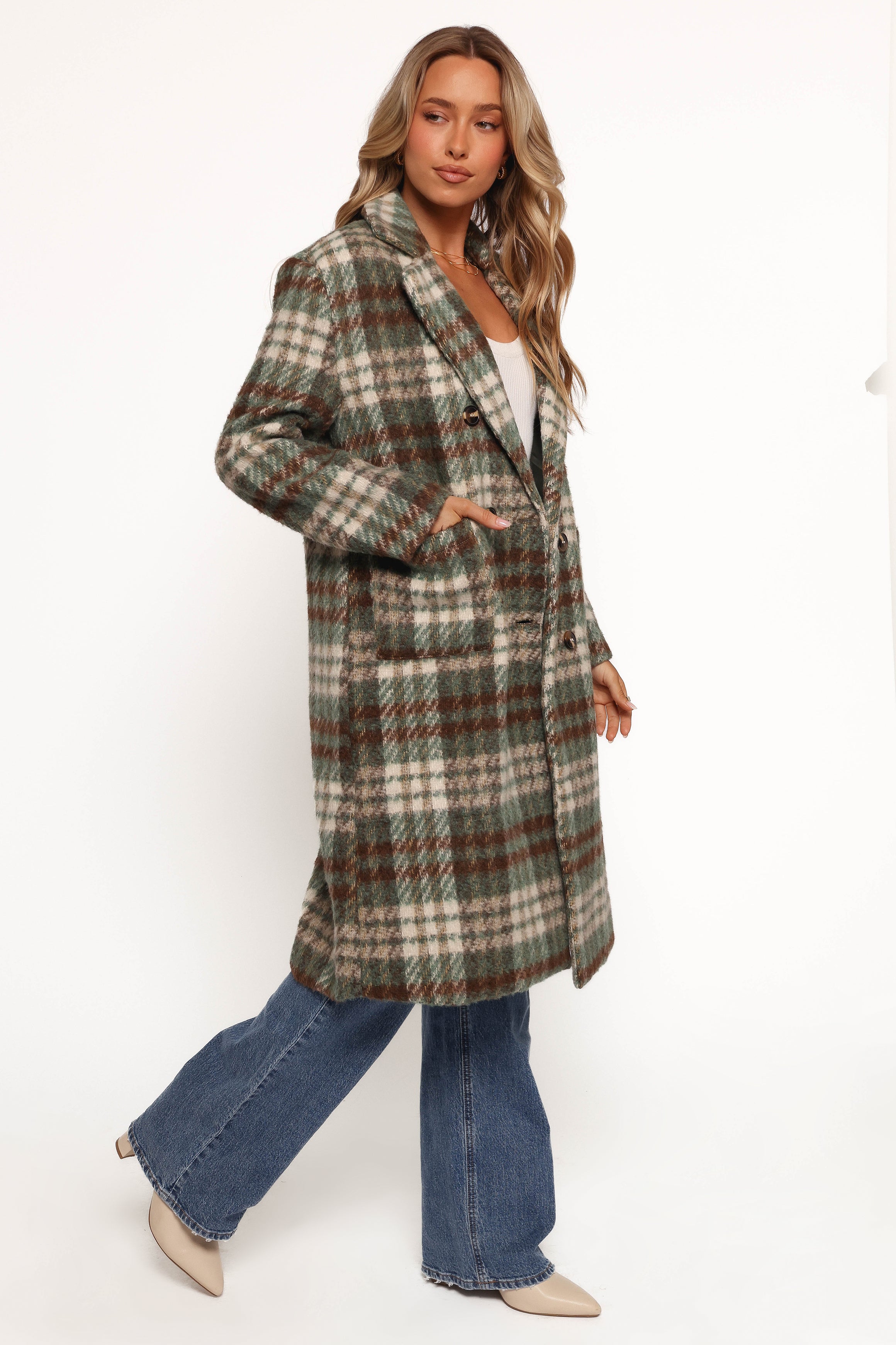Anika Plaid Long Coat for Women - Green & Brown Checkered Trench Coat | Fall & Winter Fashion Outerwear | Perfect for Office, Travel & Casual Wear