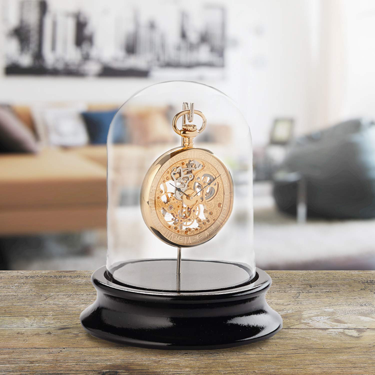 Selva C324766 Real Glass Dome with Hooks - Dust-Free Display Case for Pocket Watches on Wooden Base with Black Piano Lacquer Finish (68mm Inner Diameter) - Perfect for Collectors, Antique Preservation & Home Decor
