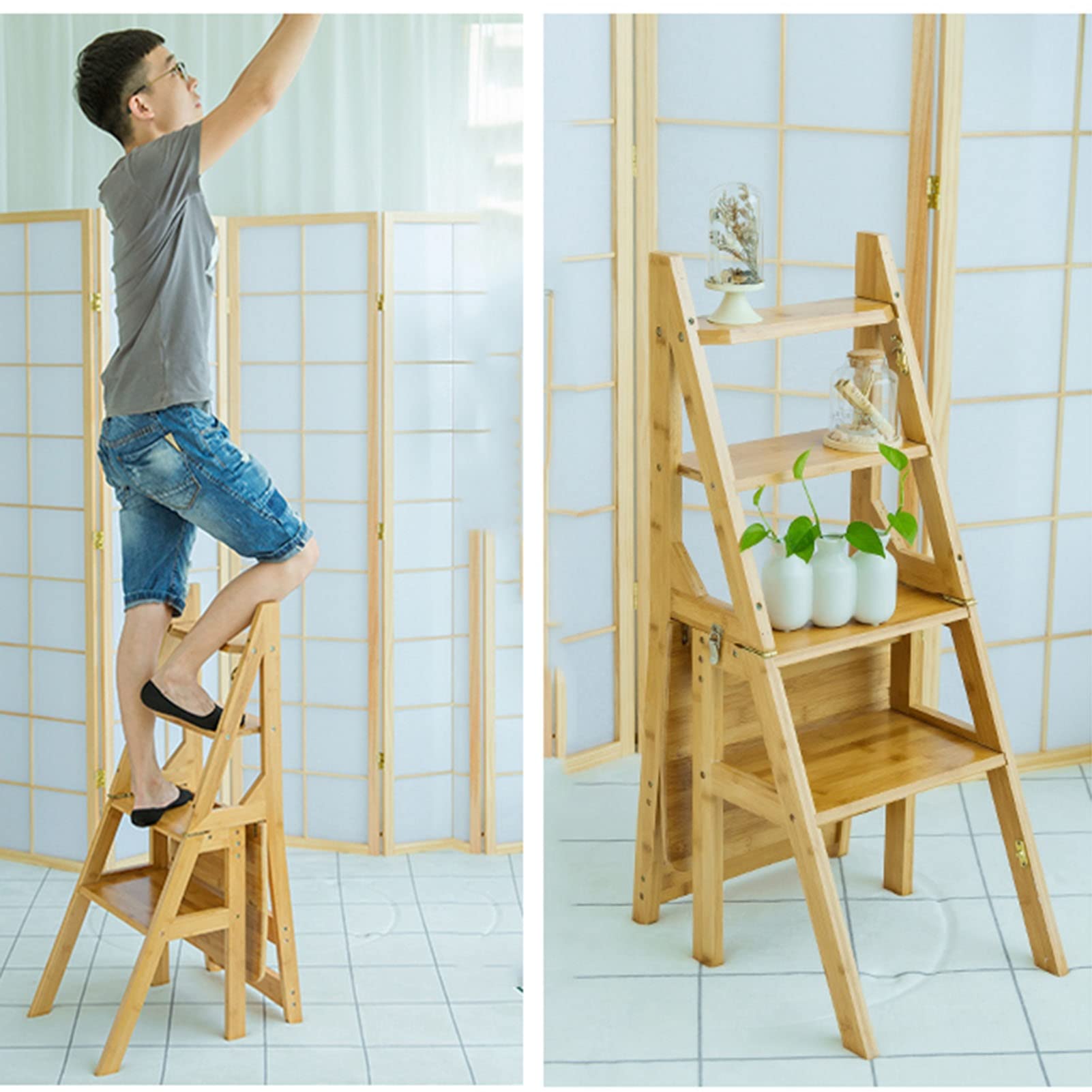 NEVKA 4-Step Folding Wooden Step Stool - Portable Ladder Chair for Bathroom, Office, Kitchen - Shoe Bench & Flower Stand - Perfect for Home Organization, Bathroom Storage & Kitchen Use