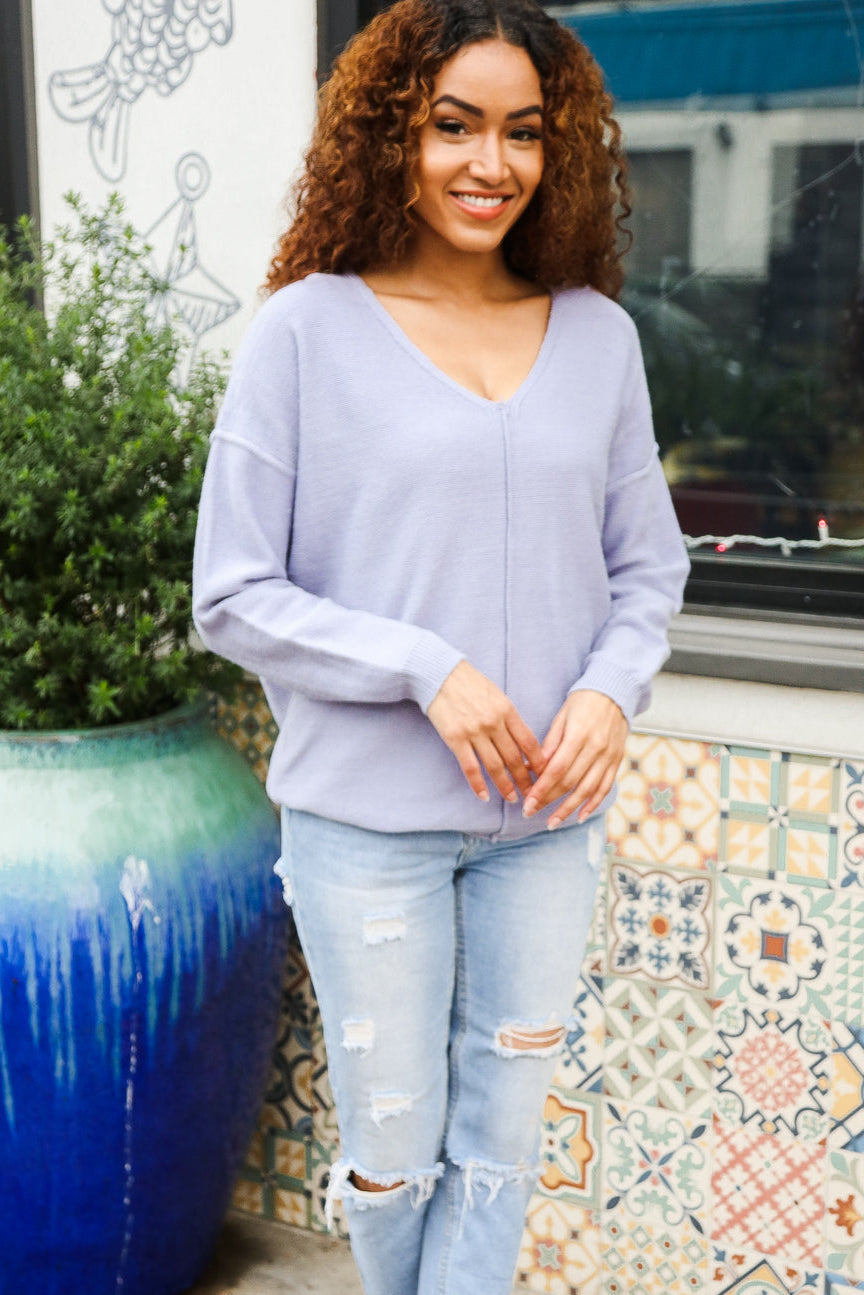 Feeling Femme Light Blue Brushed Knit V-Neck Pullover Sweater - Soft Casual Women's Top for Everyday Wear & Layering