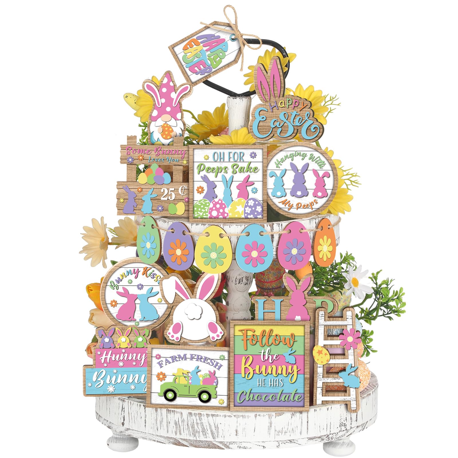19-Piece Easter Bunny Tiered Tray Decor Set - Colorful Wooden Easter Egg Centerpiece with Bunny & Gnome Signs - Spring Farmhouse Rustic Home Decor for Easter, Table Centerpiece, Mantel Display & Seasonal Party Decorations