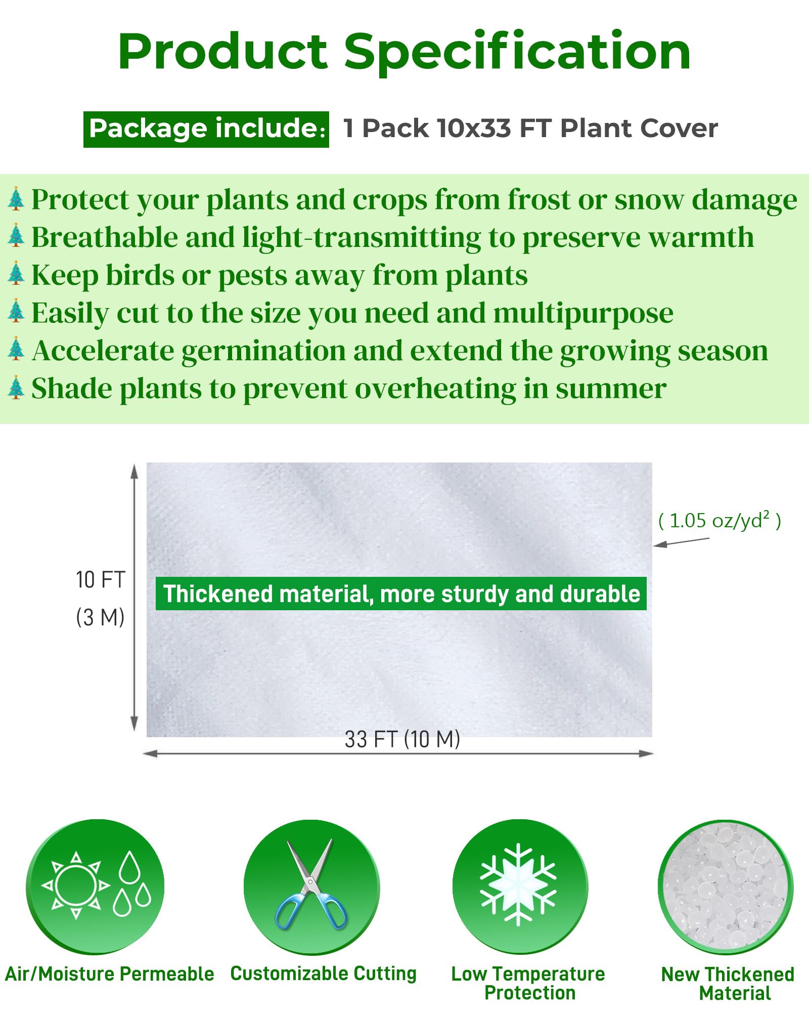 10ft x 33ft Winter Plant Covers - Freeze Protection Frost Blankets for Outdoor Plants & Trees | Garden Fabric for Cold Weather | Perfect for Vegetable Gardens, Potted Plants & Landscaping Protection