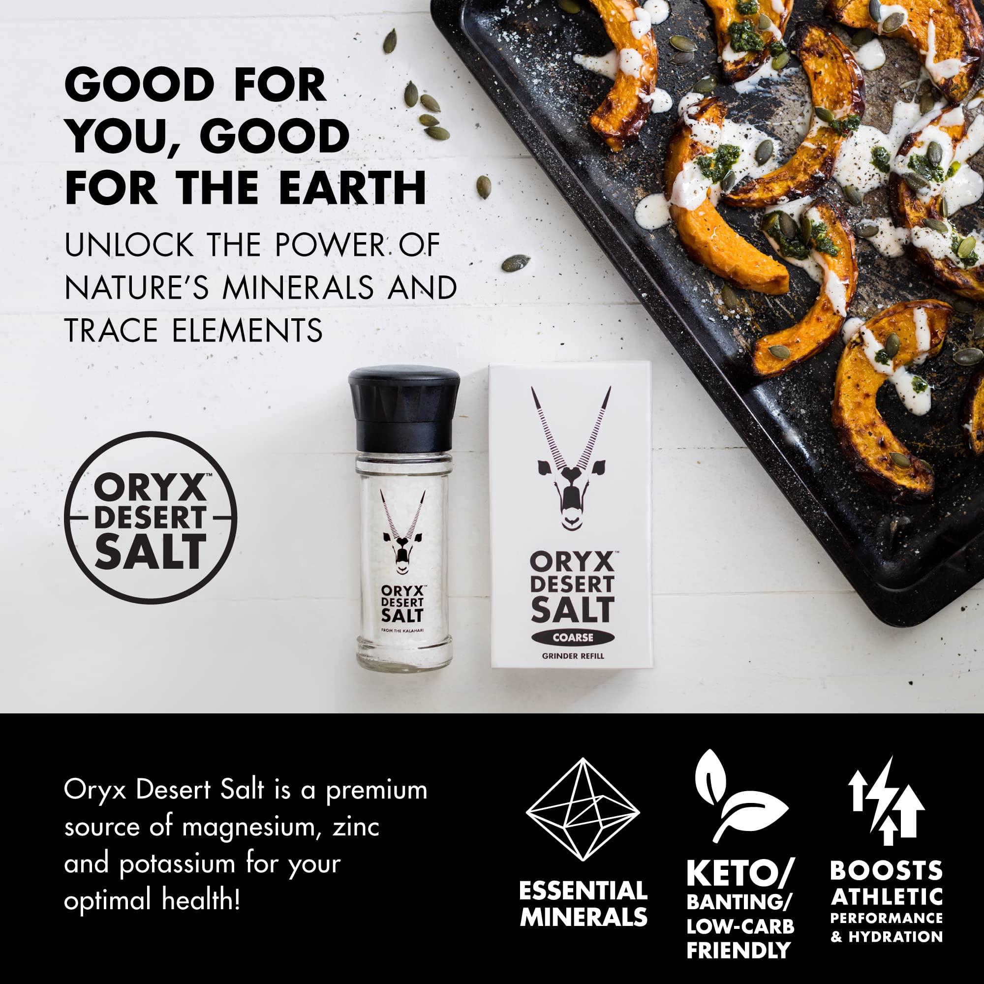 Premium Oryx Desert Sea Salt Grinder with Ceramic Mill - 3.52 oz Coarse Kosher Salt, Natural Organic Seasoning - Great Alternative to Himalayan & Rock Salt - Sourced from Kalahari Desert Salt Lakes | Perfect for Cooking, Grilling & Gourmet Dishes