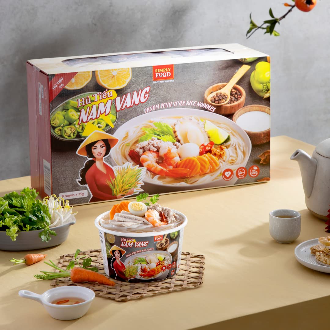 Instant Phnom Penh Rice Noodles (Hủ Tiếu Nam Vang) - 9 Pack of 75g Bowls - Thin Flat White Rice Noodles in Savory Pork Broth - Quick Asian Meal, Easy Lunch or Dinner Solution