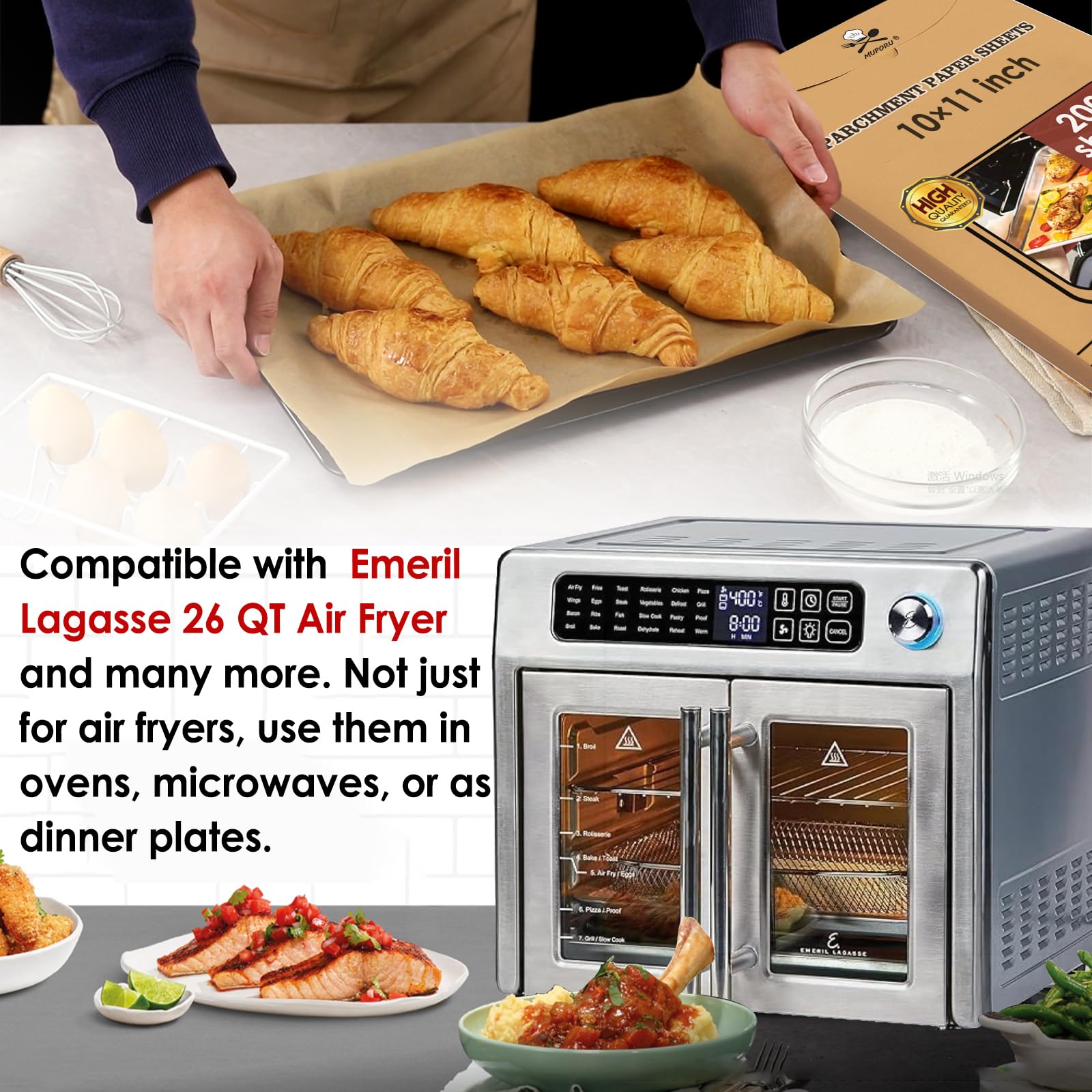 Air Fryer Liners for Emeril Lagasse 26QT XL Air Fryer & French Door 360 Toaster Oven - 200pcs Non-Stick Parchment Paper - Perfect for Baking, Roasting & Healthy Cooking