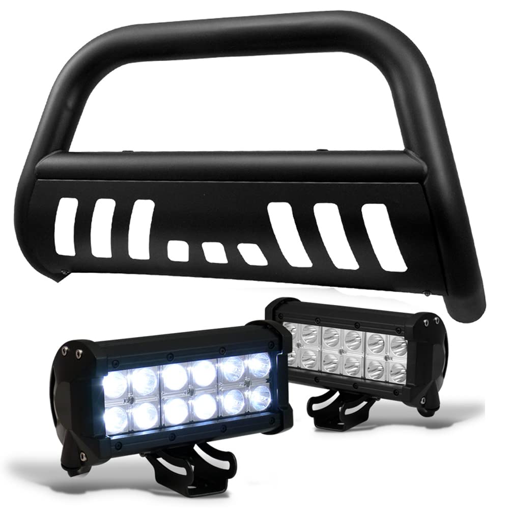 Matte Black Bull Bar Push Bumper Grille Guard with Skid Plate & 36W CREE LED Fog Lights for 2004-2015 Nissan Titan & Armada - Off-Road Protection & Style Upgrade