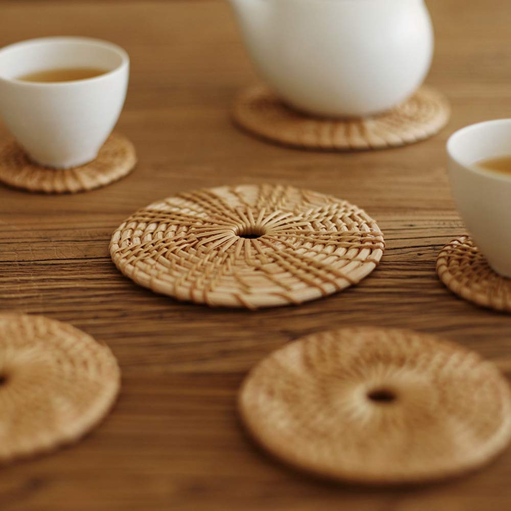 Handwoven Rattan Coaster Set - Round Cup & Bowl Pad for Kitchen & Dining (10cm)