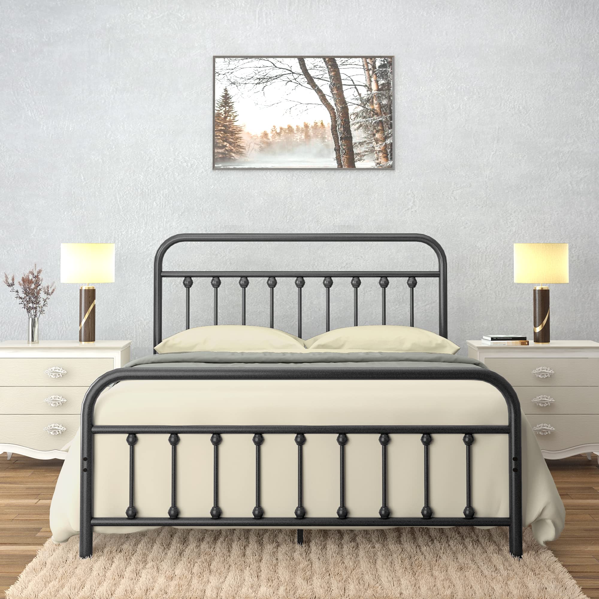 Vintage Wrought Iron Bed Frame with Classic Metal Platform Base - Full Size Black Metal Bed with Headboard & Footboard | No Box Spring Needed, Easy Assembly, Noise-Free Design | Perfect for Guest Rooms, Master Bedrooms & Vintage Home Decor