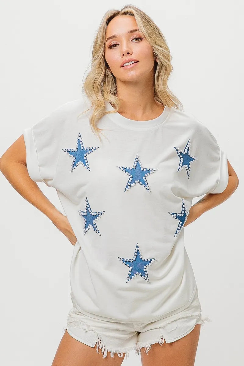 BiBi Patriotic Fourth of July Terry Cotton T-Shirt - Comfortable American Flag Design for Independence Day Celebrations & Summer Outfits