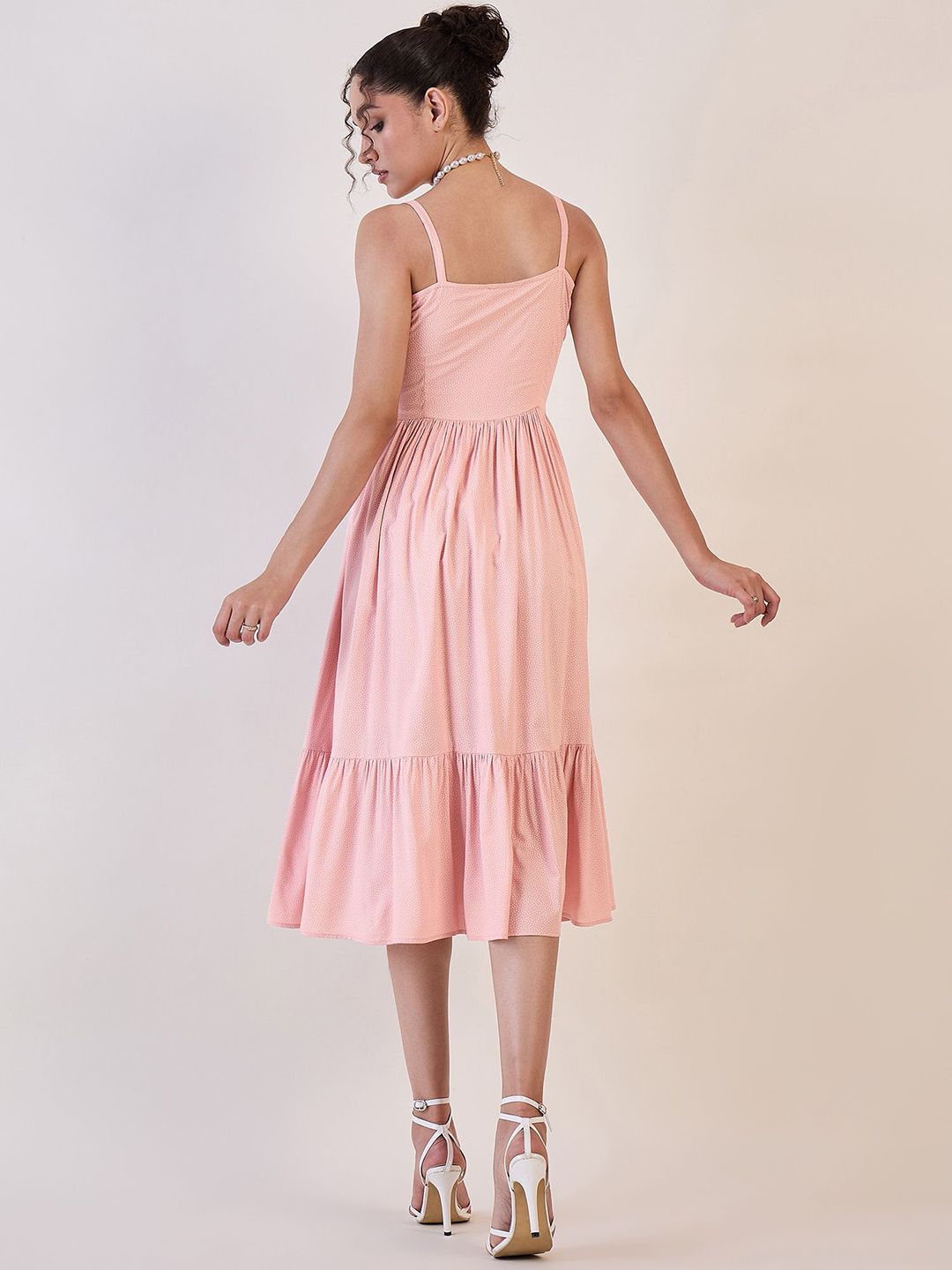 Stylish Pink Dotted Strappy Fit and Flare Dress for Women | Summer Party, Date Night & Casual Outings