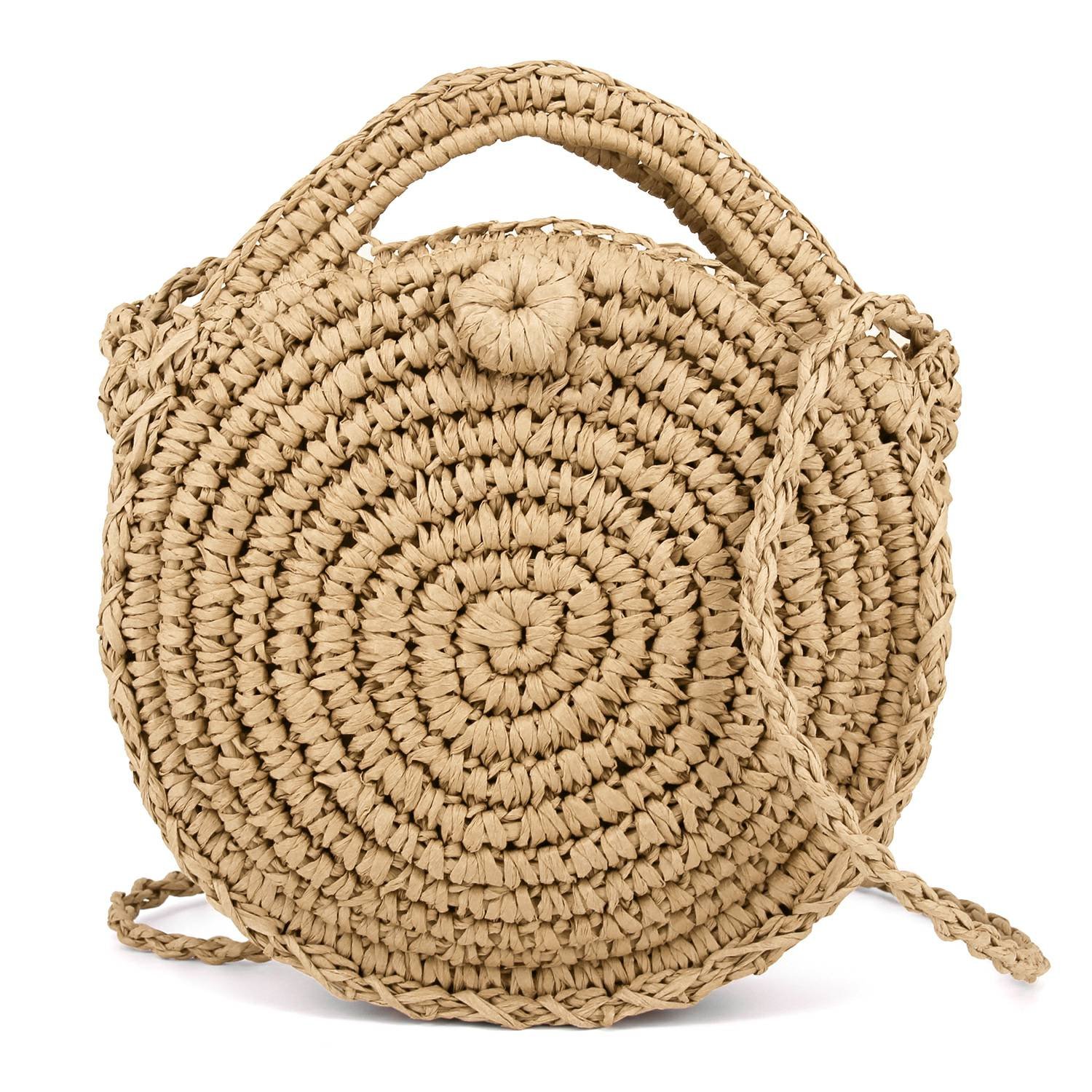 Women's Round Straw Beach Bag - Handwoven Rattan Crossbody Shoulder Bag in Khaki | Perfect for Summer Vacations, Pool Parties & Boho Outfits