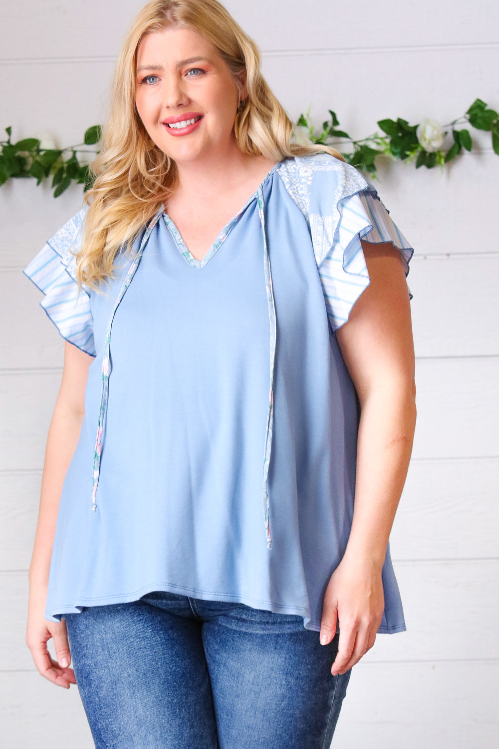 Blue Floral & Stripe V-Neck Tie Double Flutter Sleeve Blouse for Women | Summer Casual Tops for Work, Date Night & Outdoor Activities