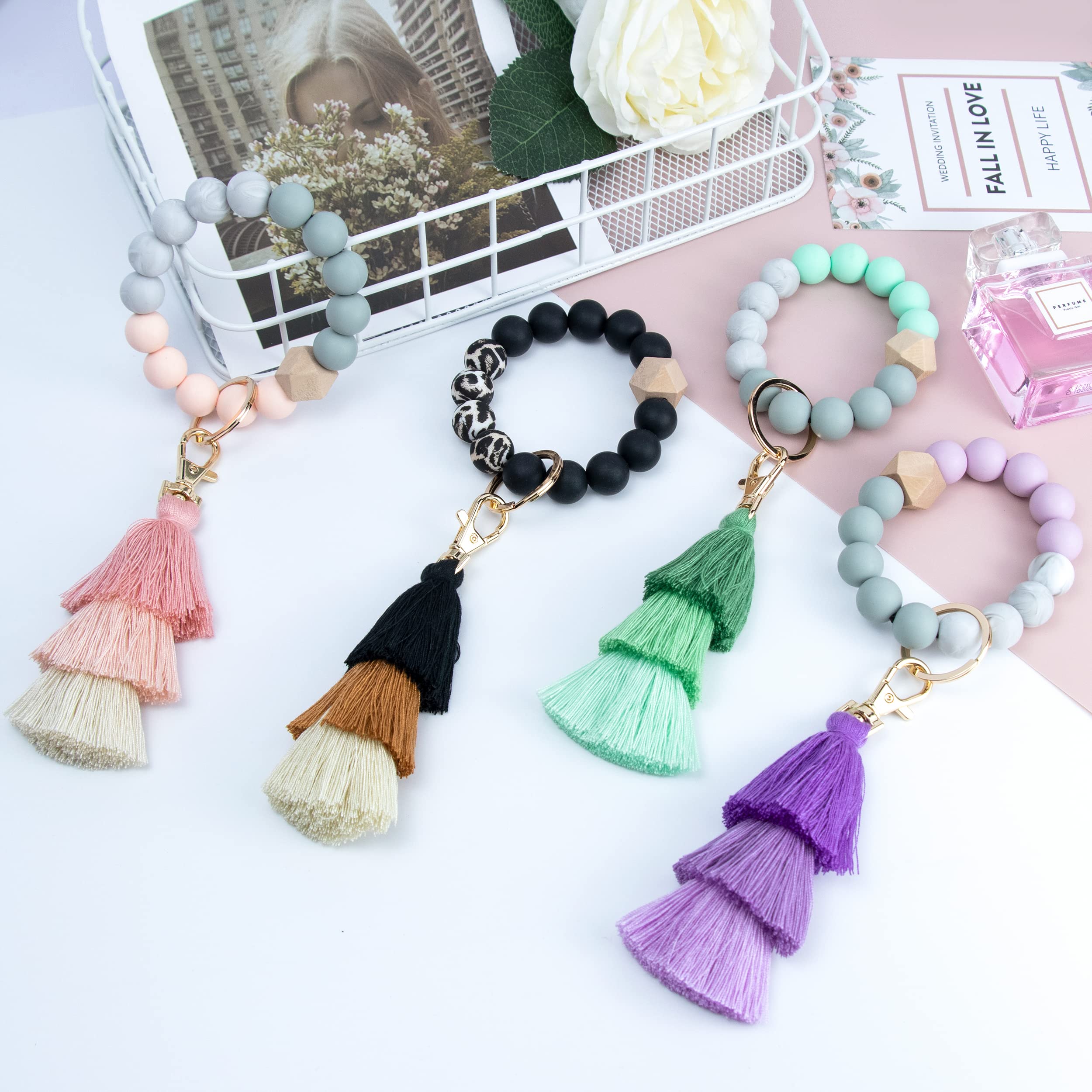 Beaded Keychain with Tassel - Stylish Silicone Key Ring Bracelet for Women | Boho Car Key Chain Wristlet | Perfect for Key Organization, Gift Giving & Boho Fashion Accessories