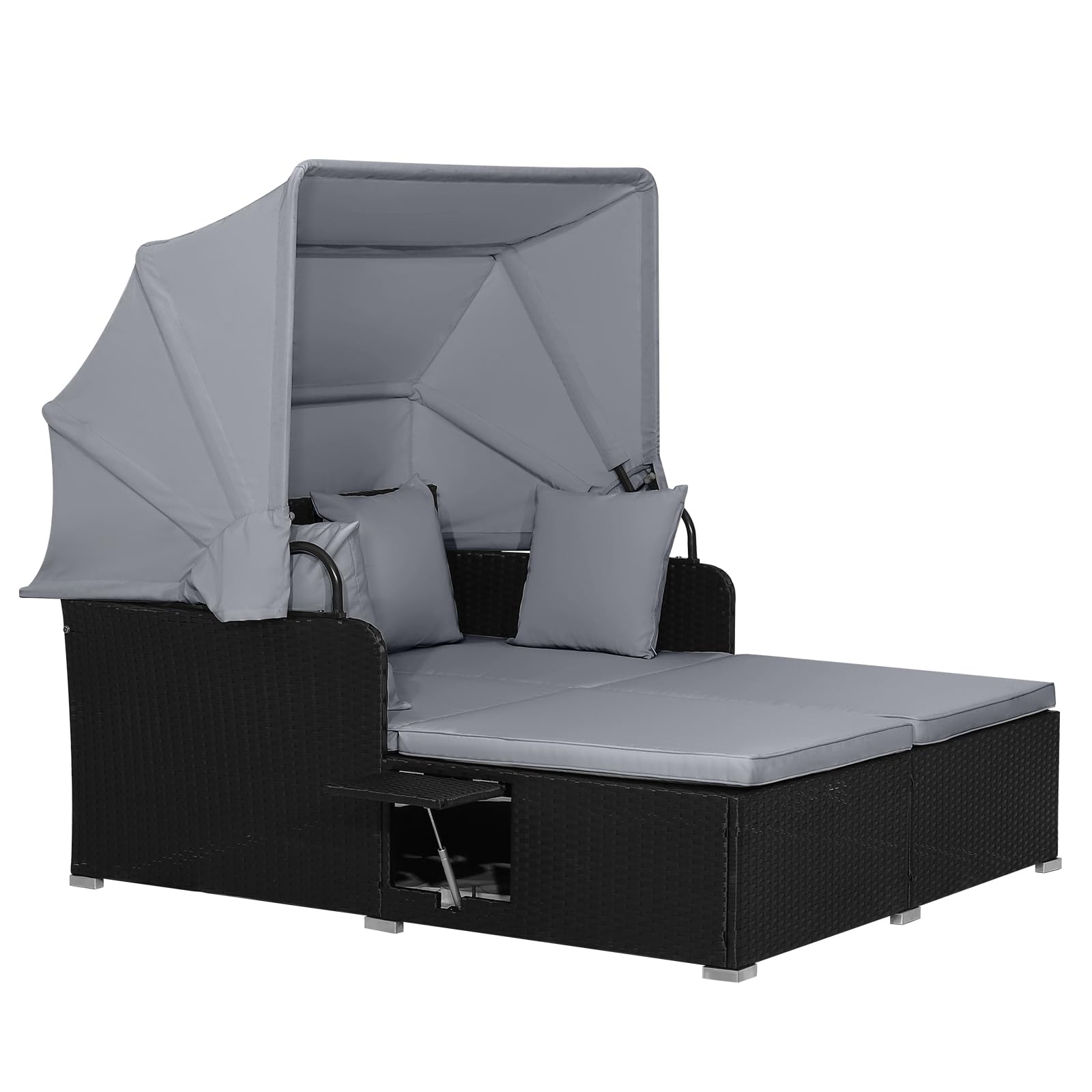 RELAX4LIFE Outdoor Wicker Daybed with Canopy - Rattan Sunbed with Cushions, 4 Pillows & 2 Retractable Side Trays - 2-Person Patio Lounge Bed for Poolside, Porch, Garden, Backyard (Grey) | Perfect for Relaxing, Sunbathing & Outdoor Conversations