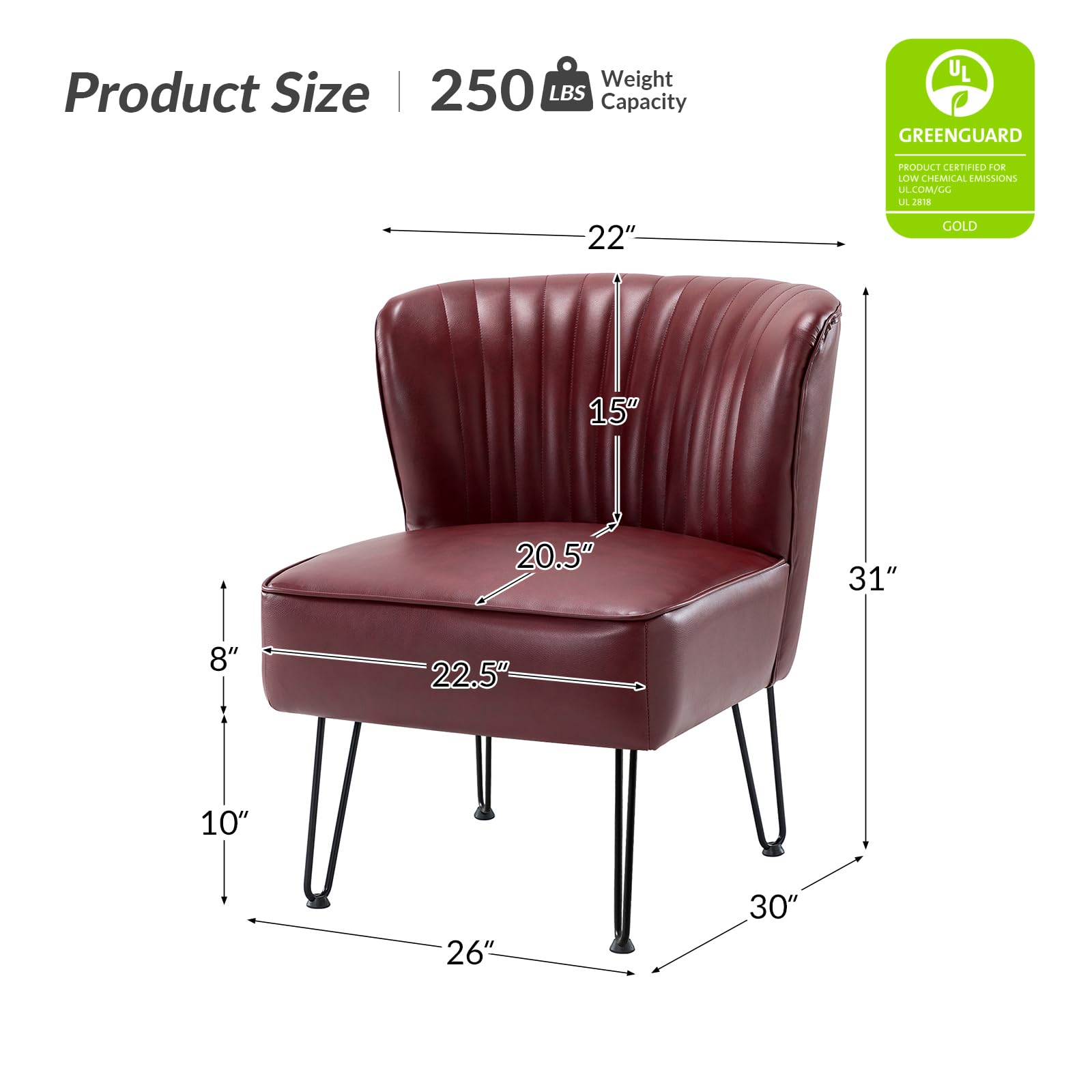 HULALA HOME Faux Leather Accent Chairs Set of 2 with Sturdy Metal Base - Mid Century Modern Living Room Armless Side Chairs - Burgundy Upholstered Comfortable Seating for Bedroom, Office & Lounge Areas