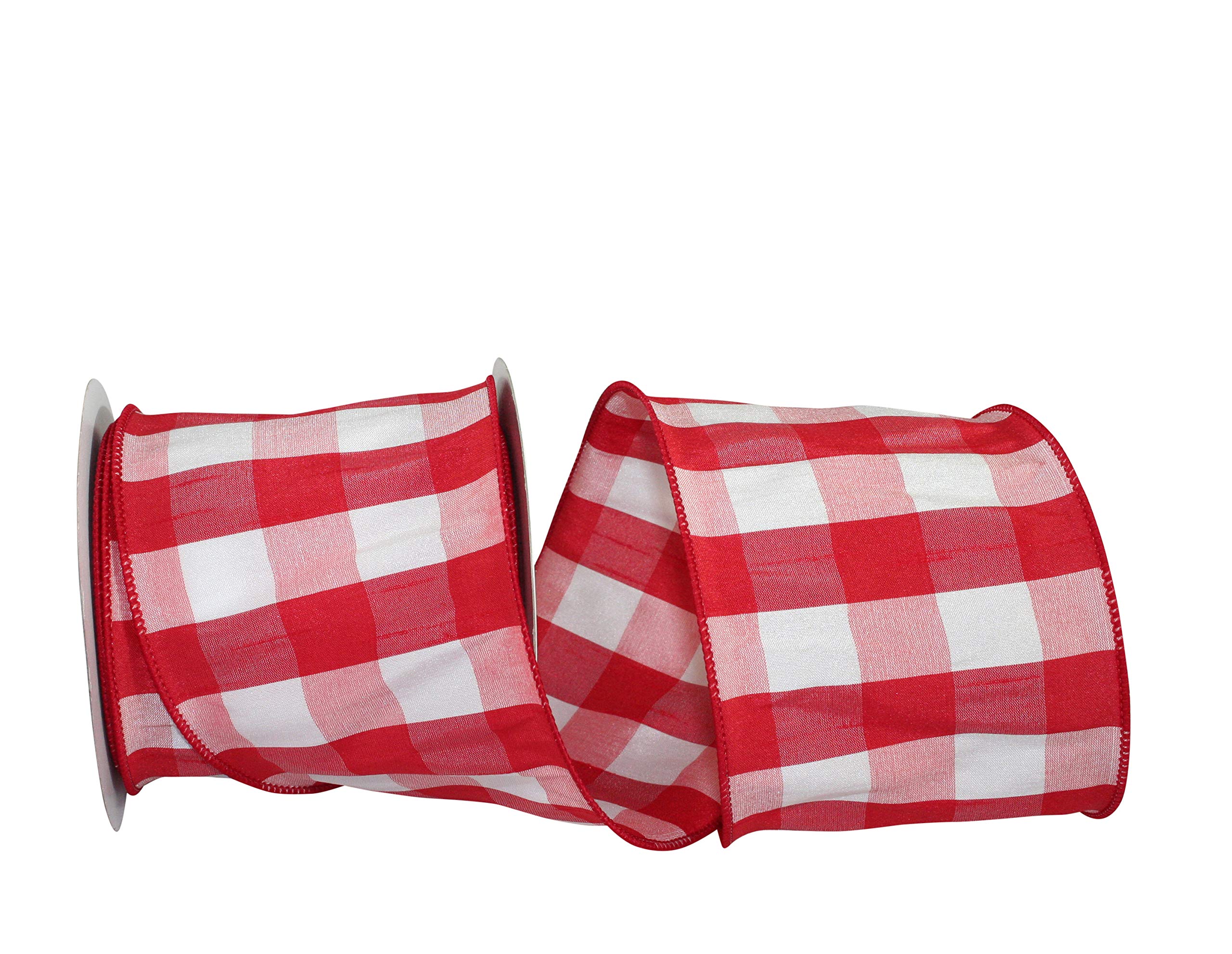 Reliant Ribbon Dupioni Plaid Buffalo Large Wired Edge Ribbon - 4 Inch x 10 Yards, Red/White - Perfect for Gift Wrapping, Bow Making, Wedding Decorations & Craft Projects