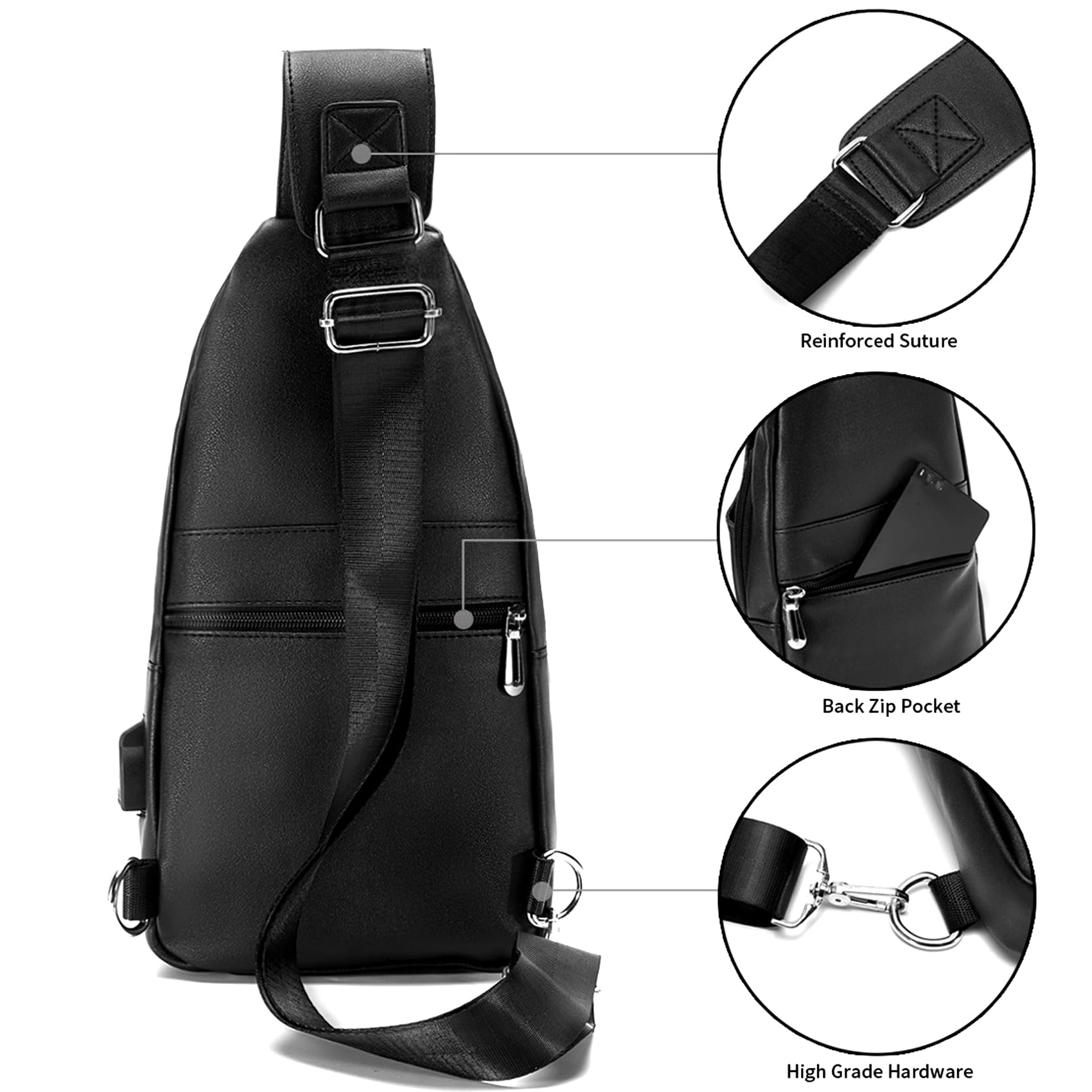 Seoky Men's Leather Sling Bag - Waterproof Crossbody Chest Bag with USB Charging Port - One Shoulder Sling Backpack for Travel, Work & Daily Use (Black)