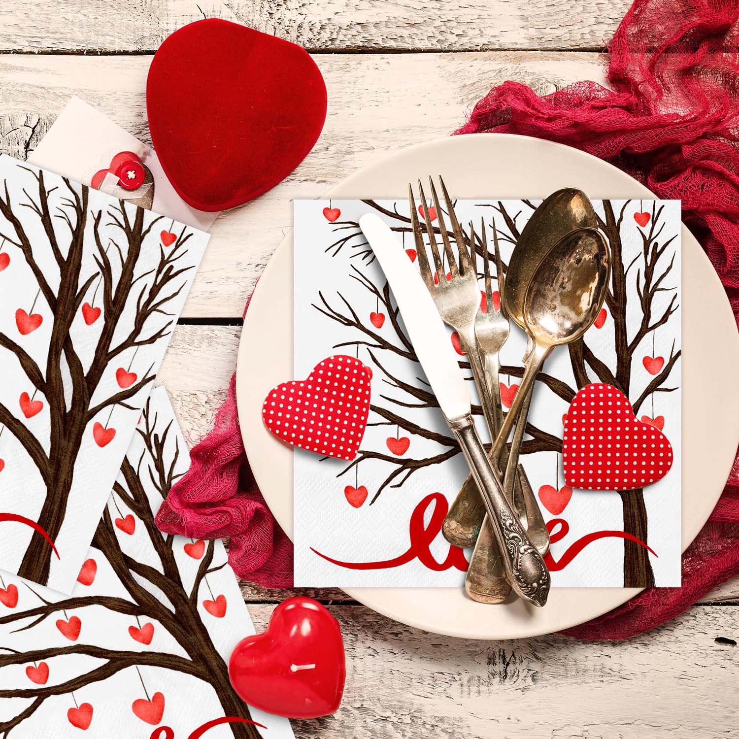 50 Pack Heart Disposable Paper Napkins - Decorative Guest & Beverage Napkins for Valentine's Day, Cocktail Parties, Weddings & Romantic Events - Quera Love Heart Tree Design Party Supplies
