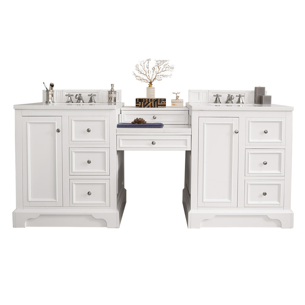 De Soto 82 Inch Double Vanity Set with Makeup Table - Bright White Finish & 3CM Classic White Quartz Countertop - Perfect for Master Bathroom, Guest Bathroom, and Modern Home Decor