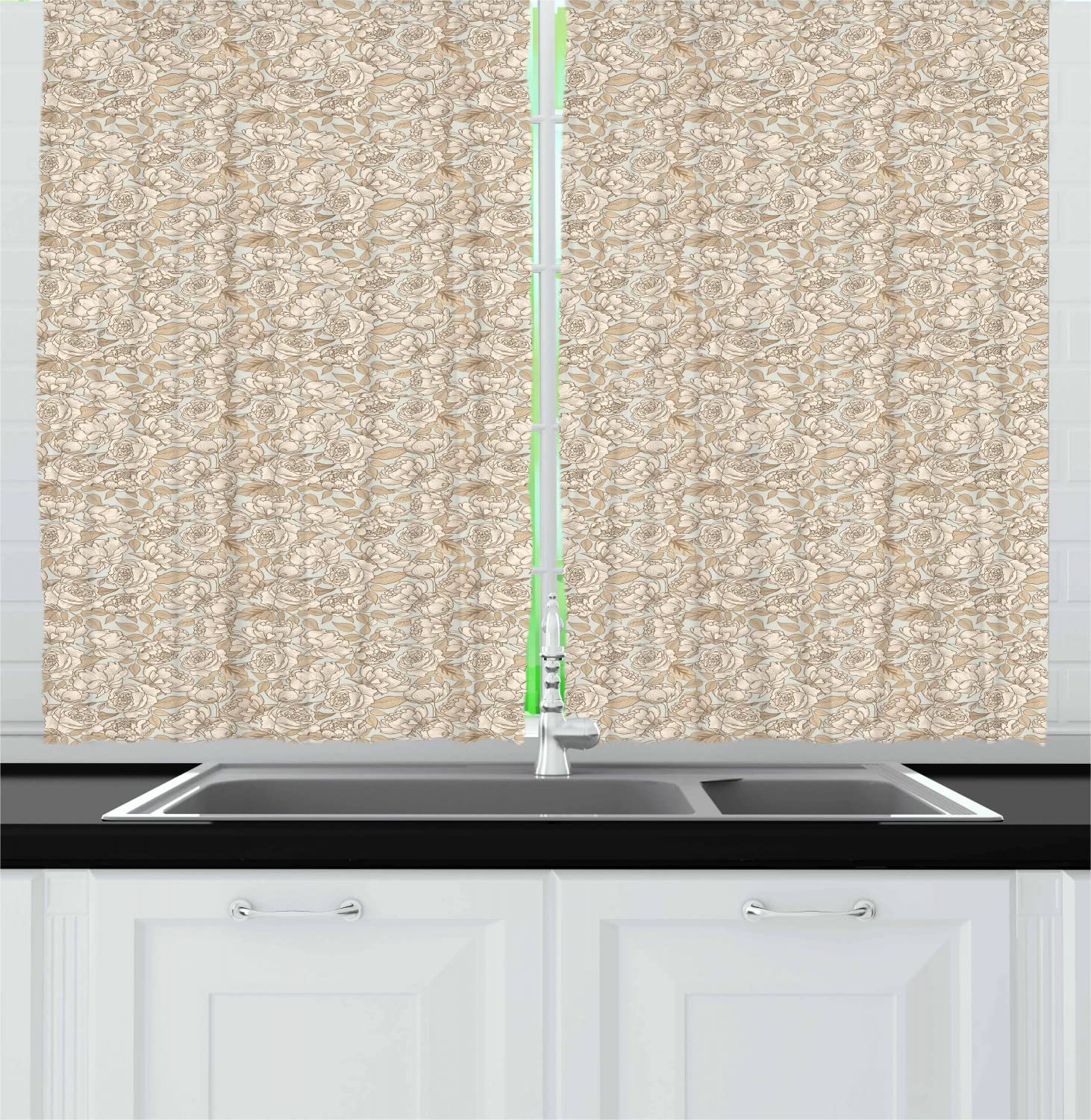 Ambesonne Beige Long Kitchen Curtains - Floral Botanical Print with Wedding Bouquet Design, 55
