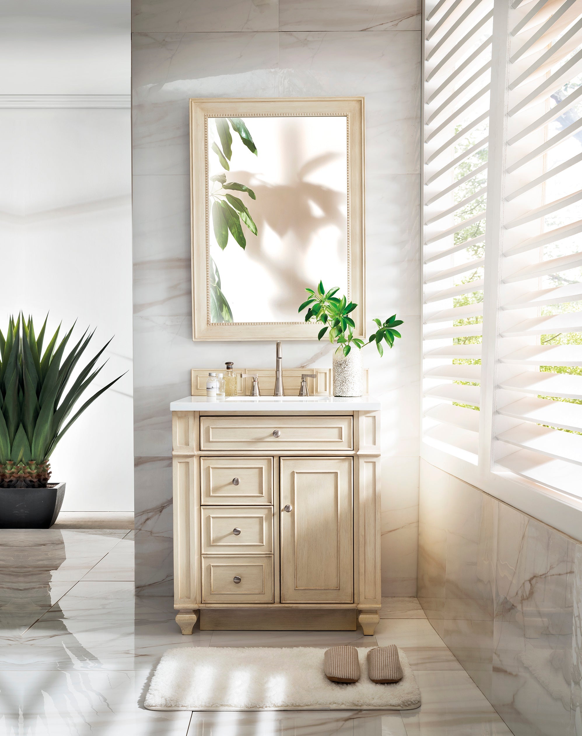 Bristol 30-Inch Single Bathroom Vanity Set with 3CM Classic White Quartz Countertop - Vintage Vanilla Finish for Modern & Traditional Bathrooms