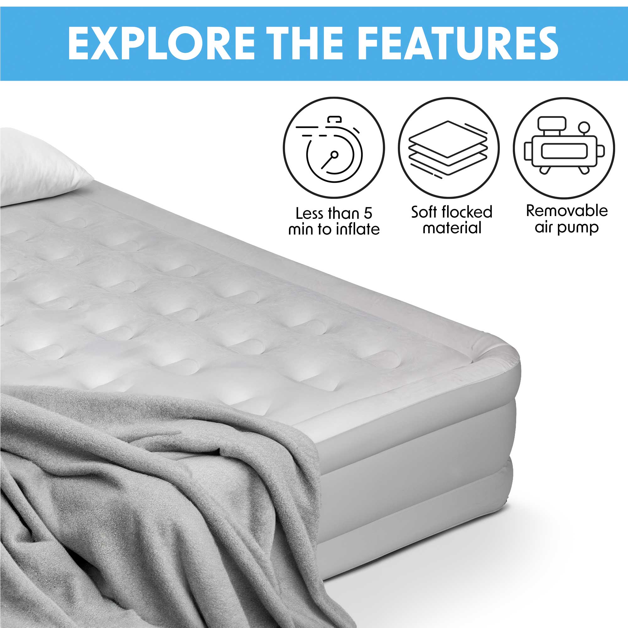 Queen Size Elevated Air Mattress with Built-in Electric Pump & Carry Bag - Portable Inflatable Bed for Camping, Guests, and Home Use - DL145