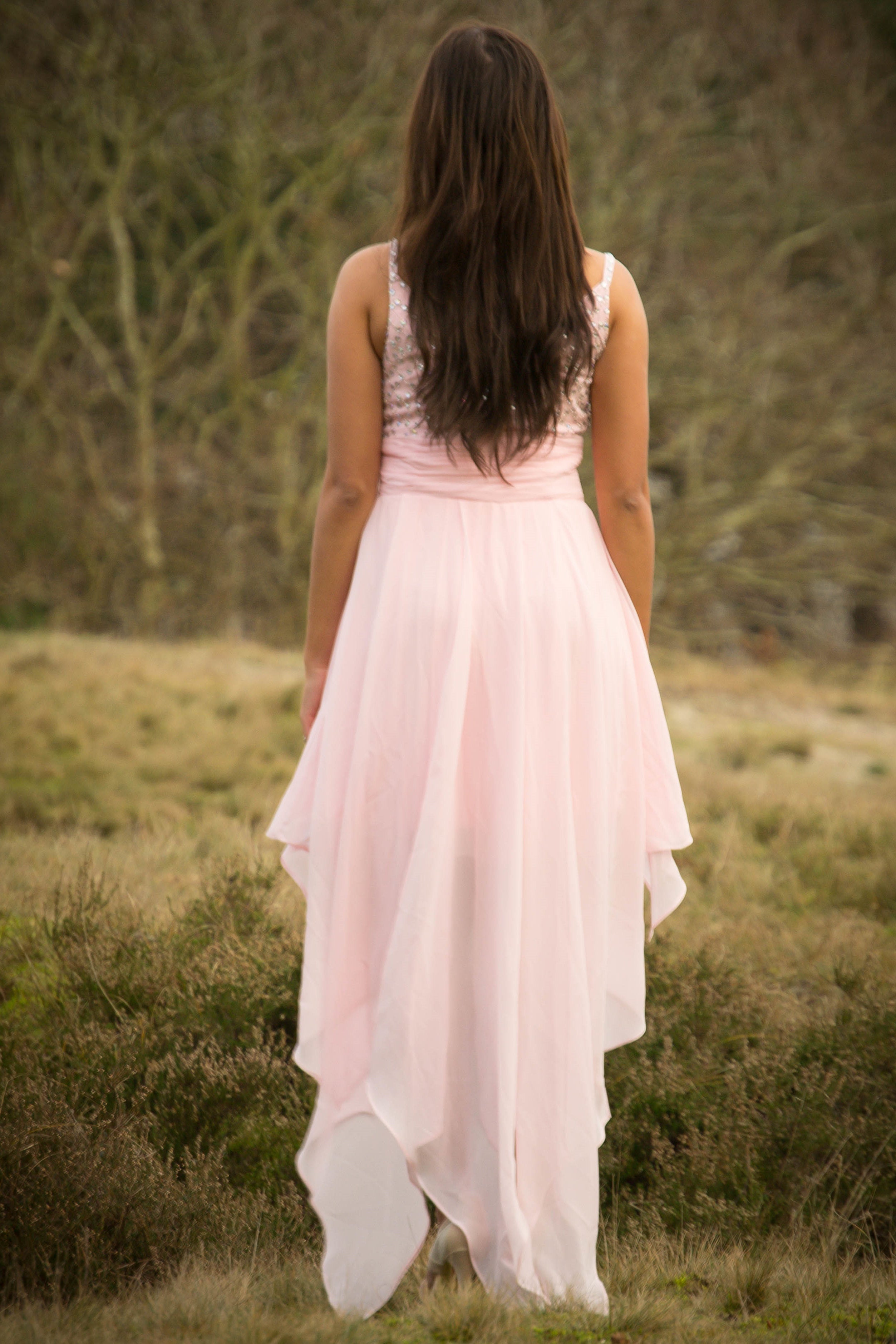 Elegant A-Line Spaghetti Strap Hi-Low Chapel Length Tulle Rhinestone Prom Dress for Homecoming, Wedding, and Formal Events