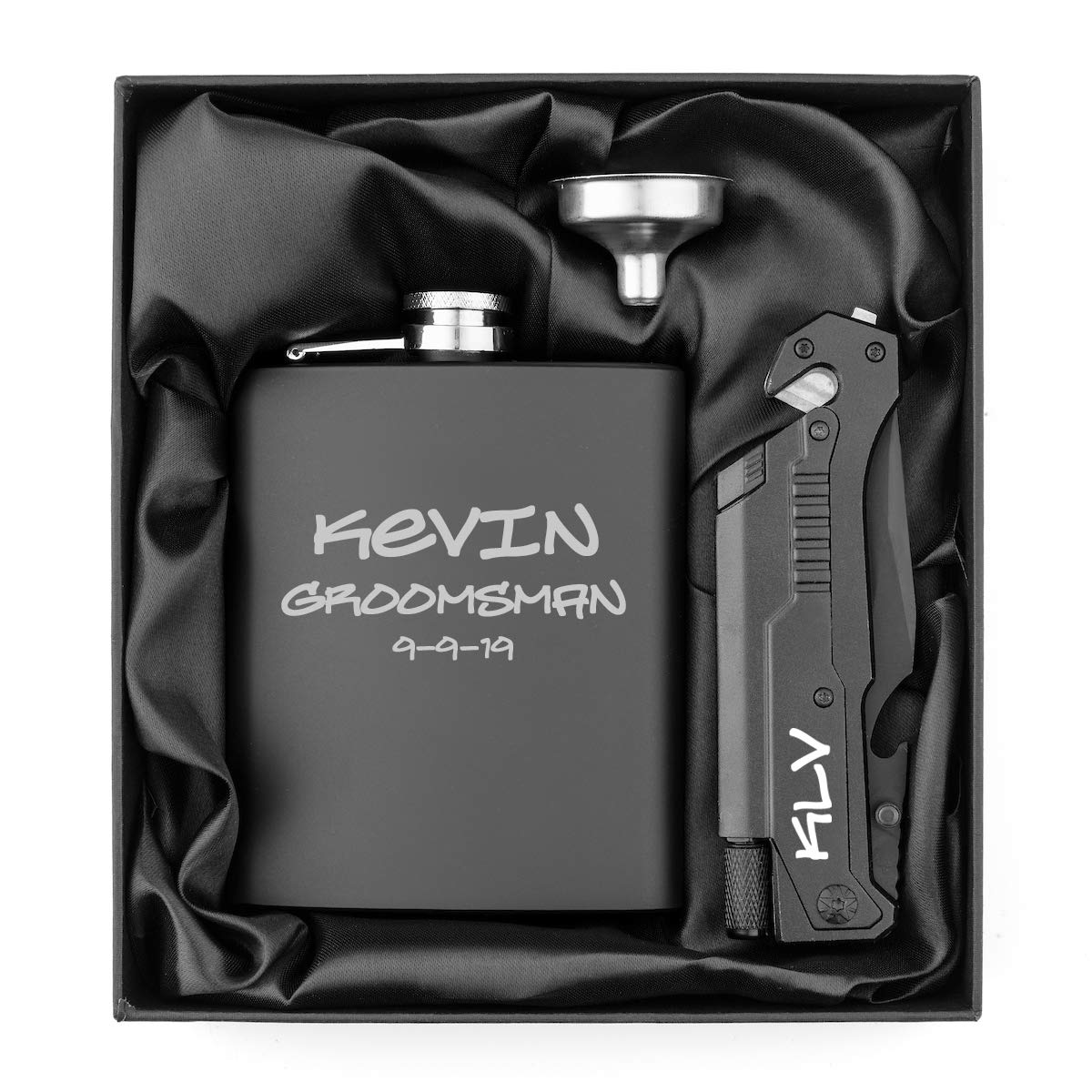 Custom Engraved 7oz Stainless Steel Flask with Funnel & Tactical Rescue Knife Gift Set - Personalized Camping, Hiking, Survival Gear for Outdoor Adventures