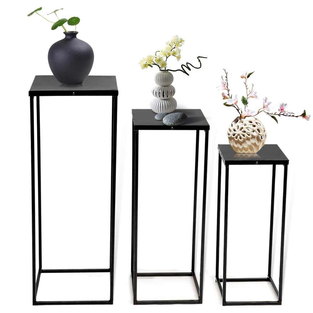3-Piece Black Metal Geometric Flower Column Stand Set for Weddings & Events - 3 Different Heights - Elegant Vase Stands for Party, Home & Outdoor Decorations - Perfect for Centerpieces, Backdrops & Table Displays
