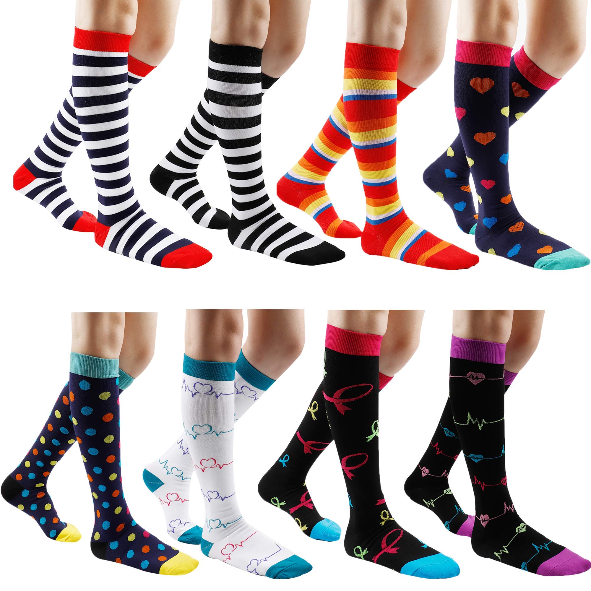 Gnpolo Women's Black Graduated Compression Socks 8-Pack - 15-20 mmHg Support for Running, Nursing, Travel & Varicose Vein Relief - Perfect for Athletes, Nurses & Long Flights