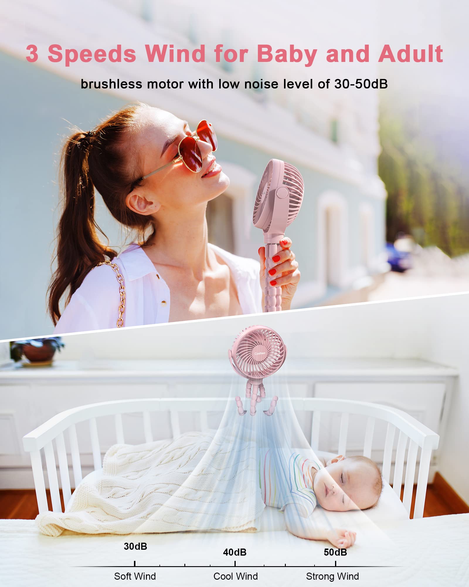 Rechargeable 4000mAh Stroller Fan with Flexible Tripod - 3 Speed Adjustable, 360° Rotating Clip On Baby Fan for Car Seat, Crib & Travel - Portable Cooling Fan for Beach, Camping & Backseat (Pink) - Keep Your Baby Cool During Outdoor Activities & Summer Adventures
