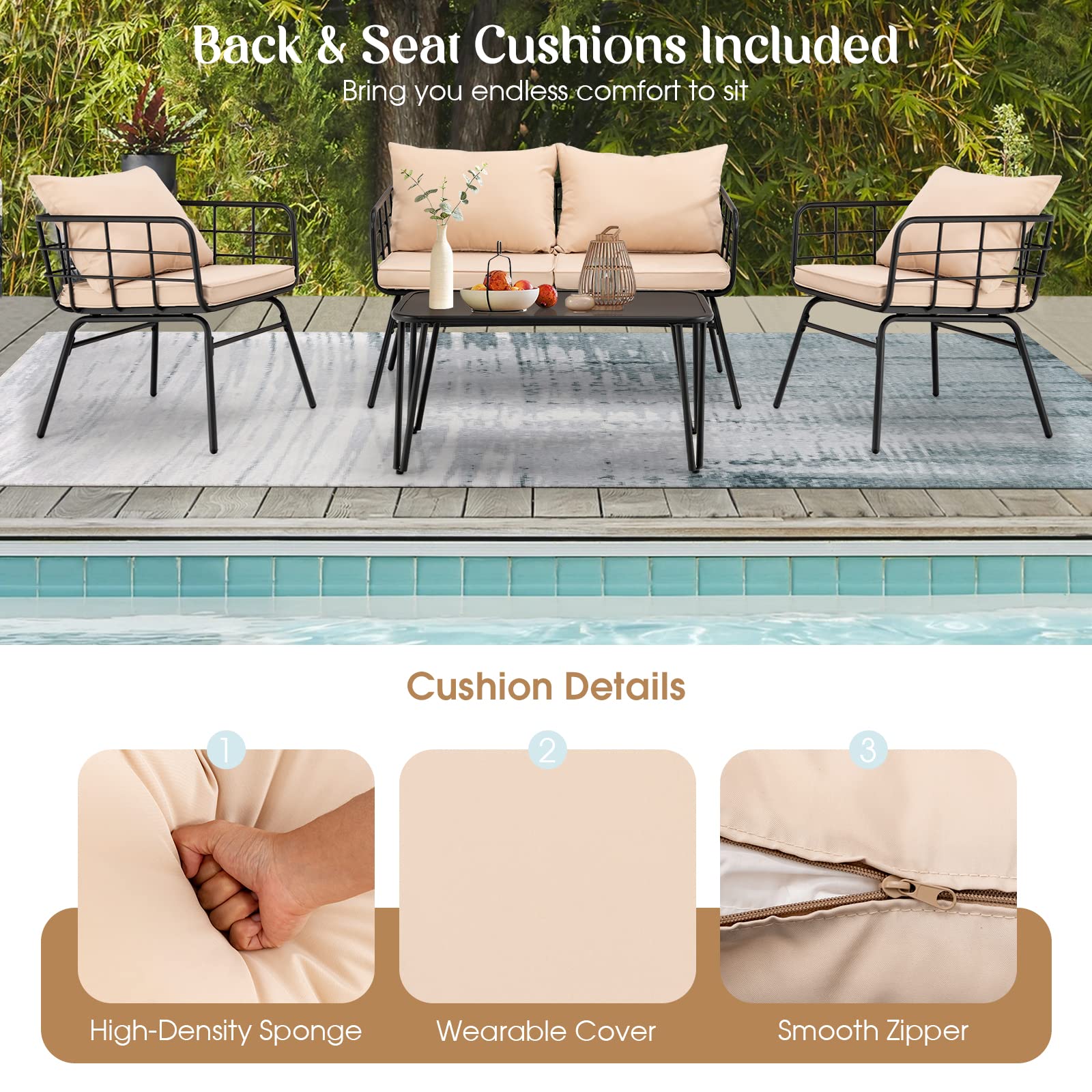 Giantex 4-Piece Outdoor Patio Furniture Set - Steel Frame Loveseat Bench, Coffee Table & 2 Bistro Chairs with Cushions for Garden, Yard, Balcony, Poolside (Beige & Black) | Perfect for Relaxing, Entertaining & Outdoor Dining