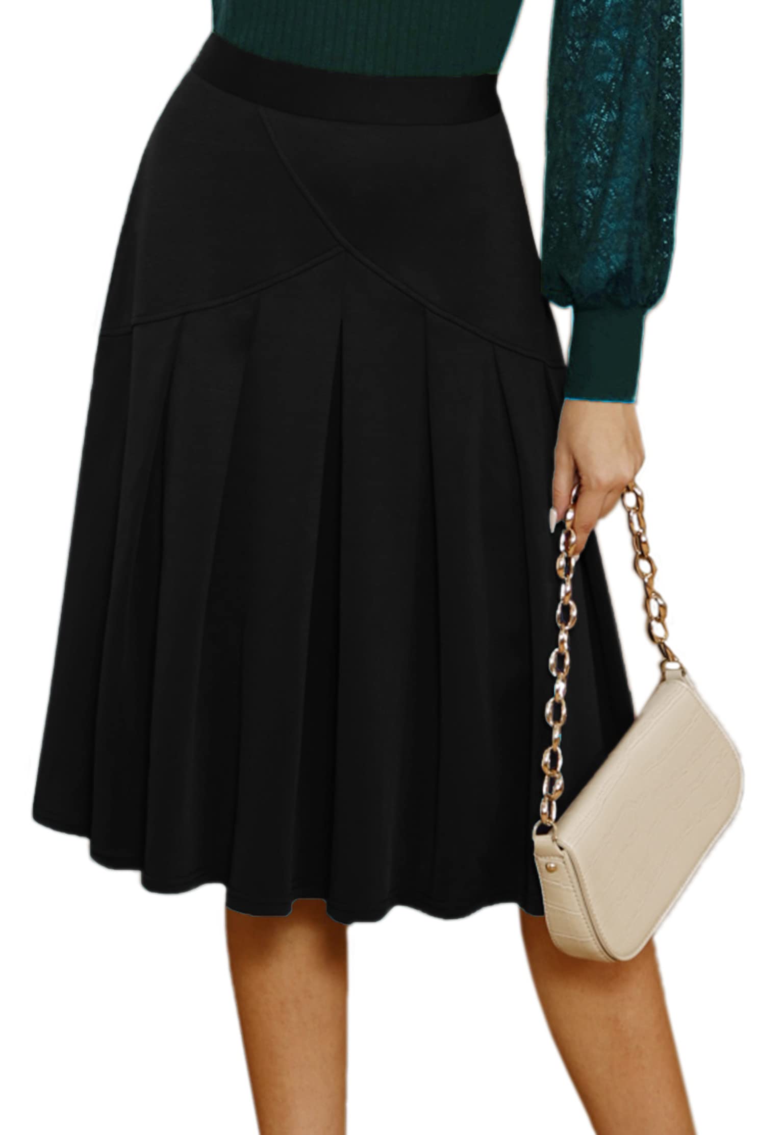 Kate Kasin Women's High Waisted Midi Skirt - Fashion Pleated A-Line Swing Skirt in Solid Colors for Work, Office & Casual Wear | Summer & Fall Outfit Essential