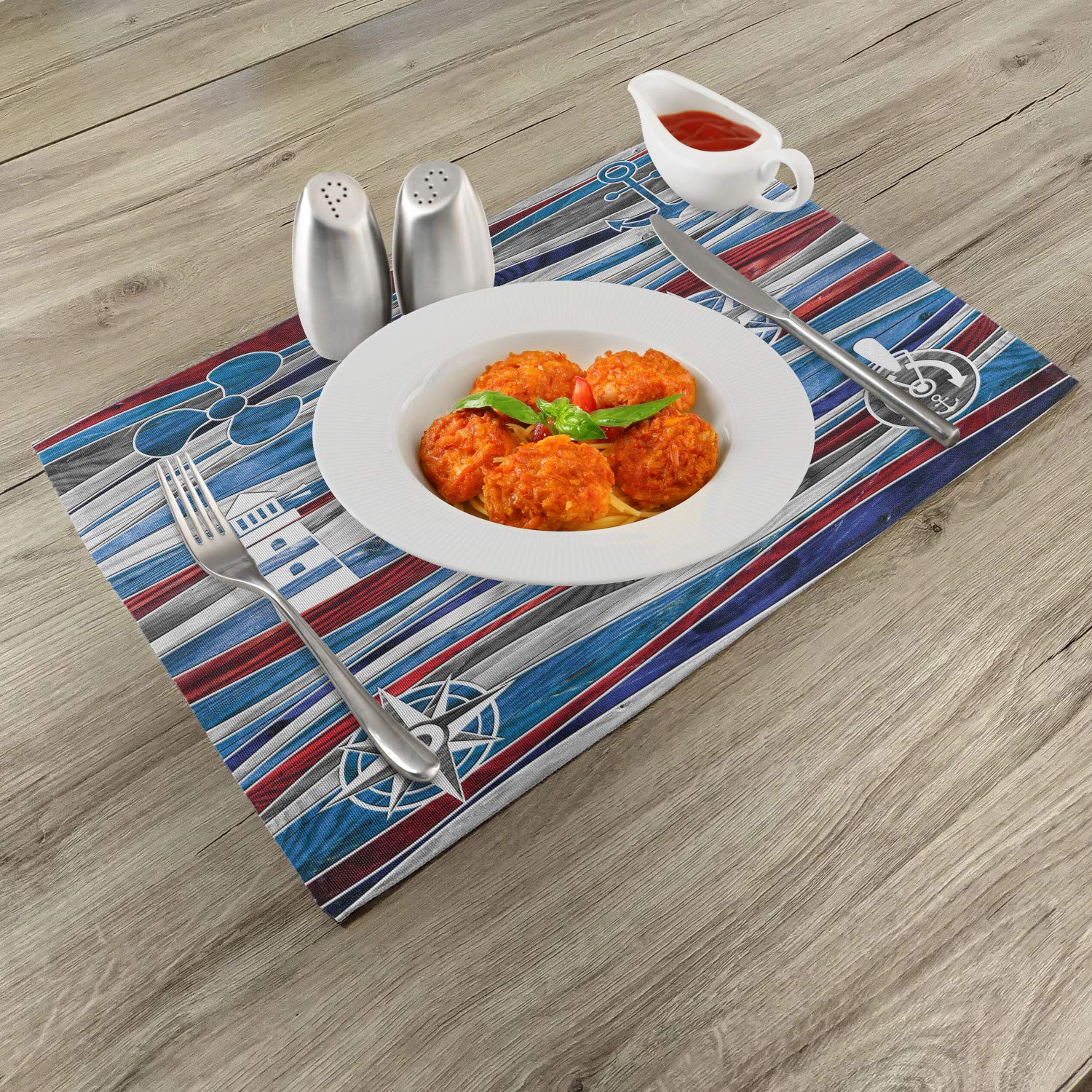 Lunarable Anchor Place Mats Set of 4 - Nautical Boat Anchor Lighthouse Steering Wheel Compass Design on Ocean Wave Background, Washable Fabric Table Mats for Dining Room & Kitchen Decor in Blue Red Grey - Perfect for Beach House, Coastal Theme Dining, and Nautical Party Decorations