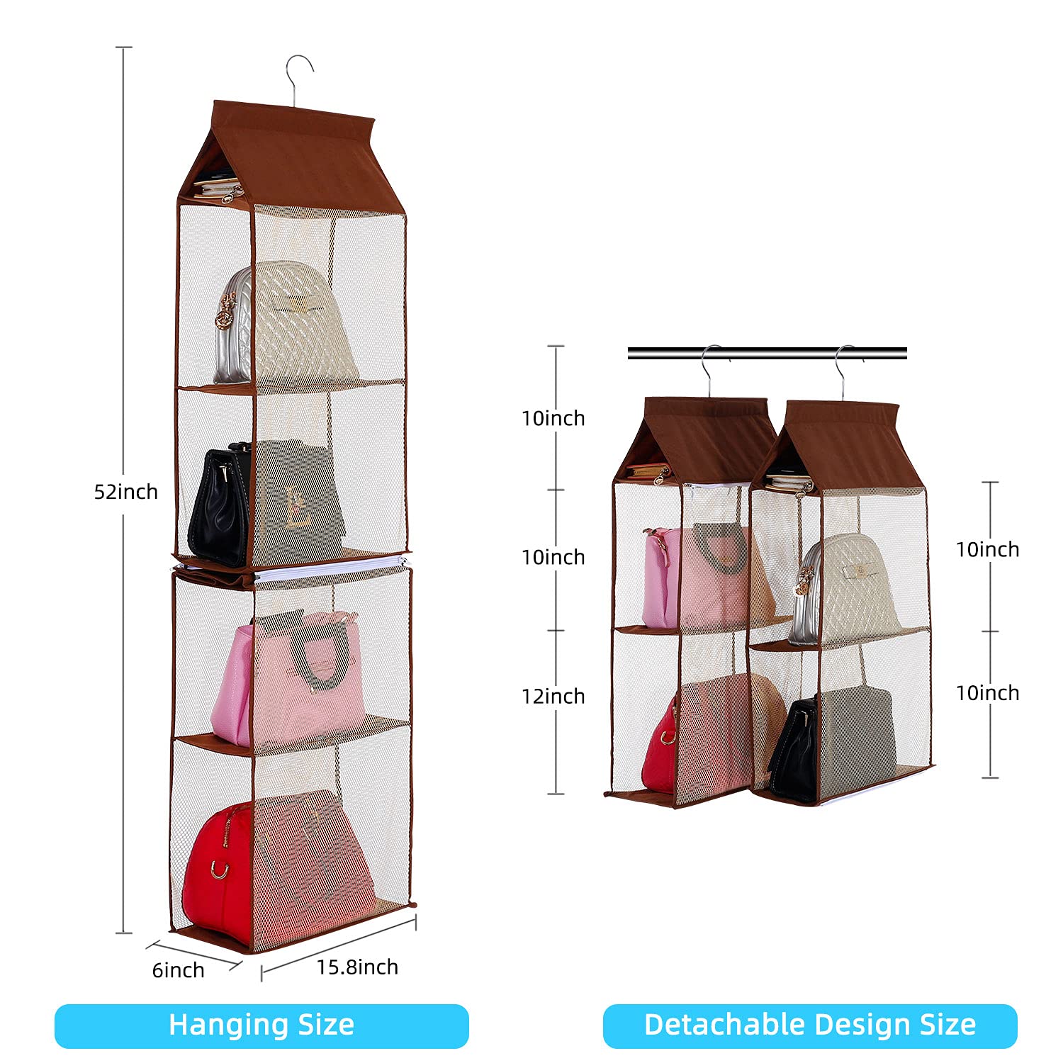 Keepjoy Hanging Handbag Organizer - 4-Tier Heavy Duty Mesh Closet Purse Storage with Detachable Design for Handbags, Purses & Accessories (Brown) - Perfect for Bedroom, Closet & Dorm Organization