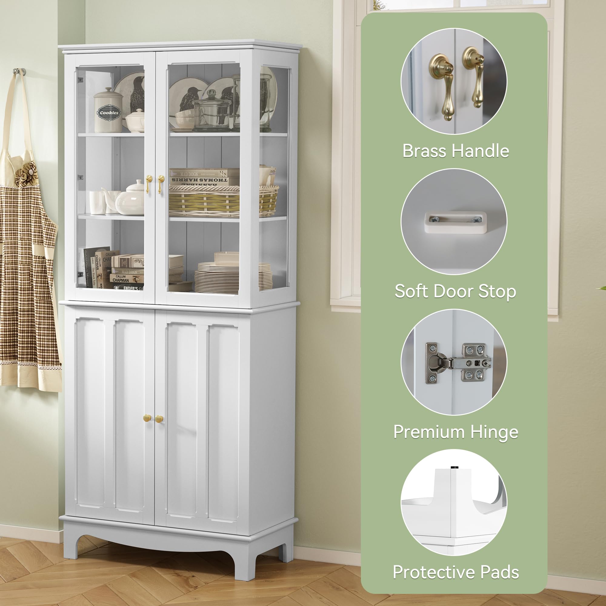 ARTPOWER 72 Inch Freestanding Kitchen Pantry Cabinet - White Tall Storage Sideboard with Glass Doors & Adjustable Shelves for Kitchen, Dining Room & Living Room | Perfect for Organizing Cookware, Dishes & Home Decor