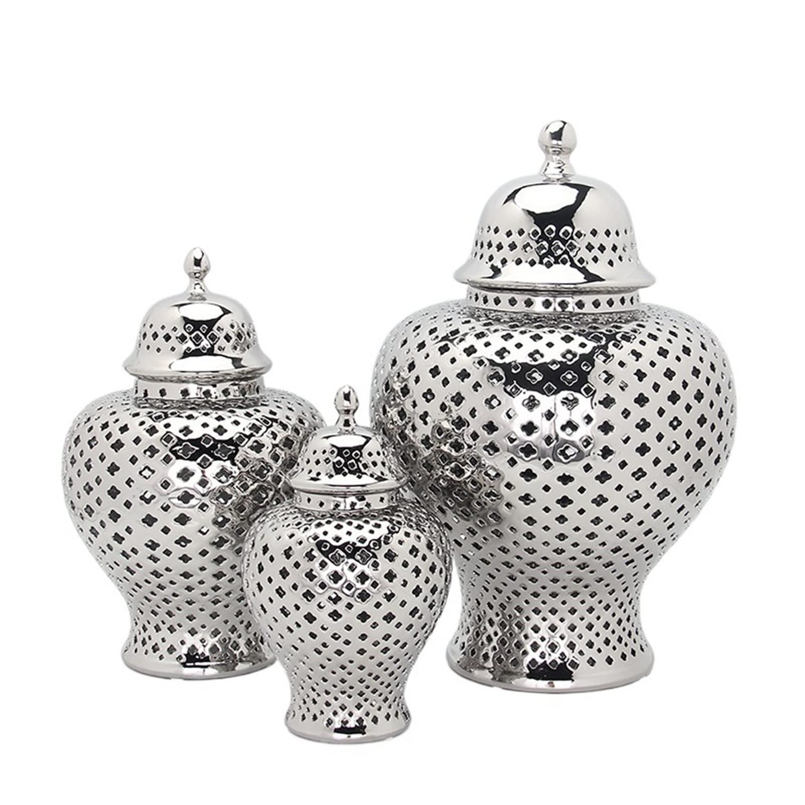 Traditional Chinese White Lattice Ginger Jar with Lid - Carthage Pierced Porcelain Lantern - Jingdezhen Ceramic Vase (Silver, Medium Size) | Home Decor, Wedding Centerpiece, Asian-Inspired Interior Design